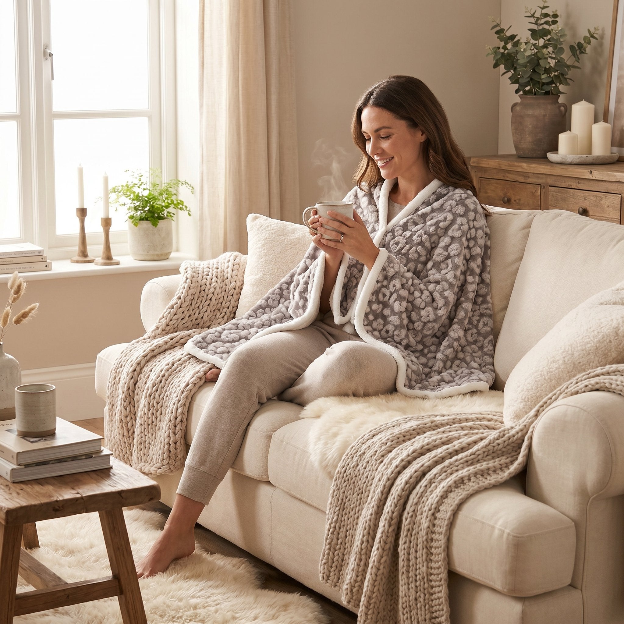 Poncho plaid motif léopard gris, porté par une femme souriante assise sur un canapé, tenant une tasse fumante.