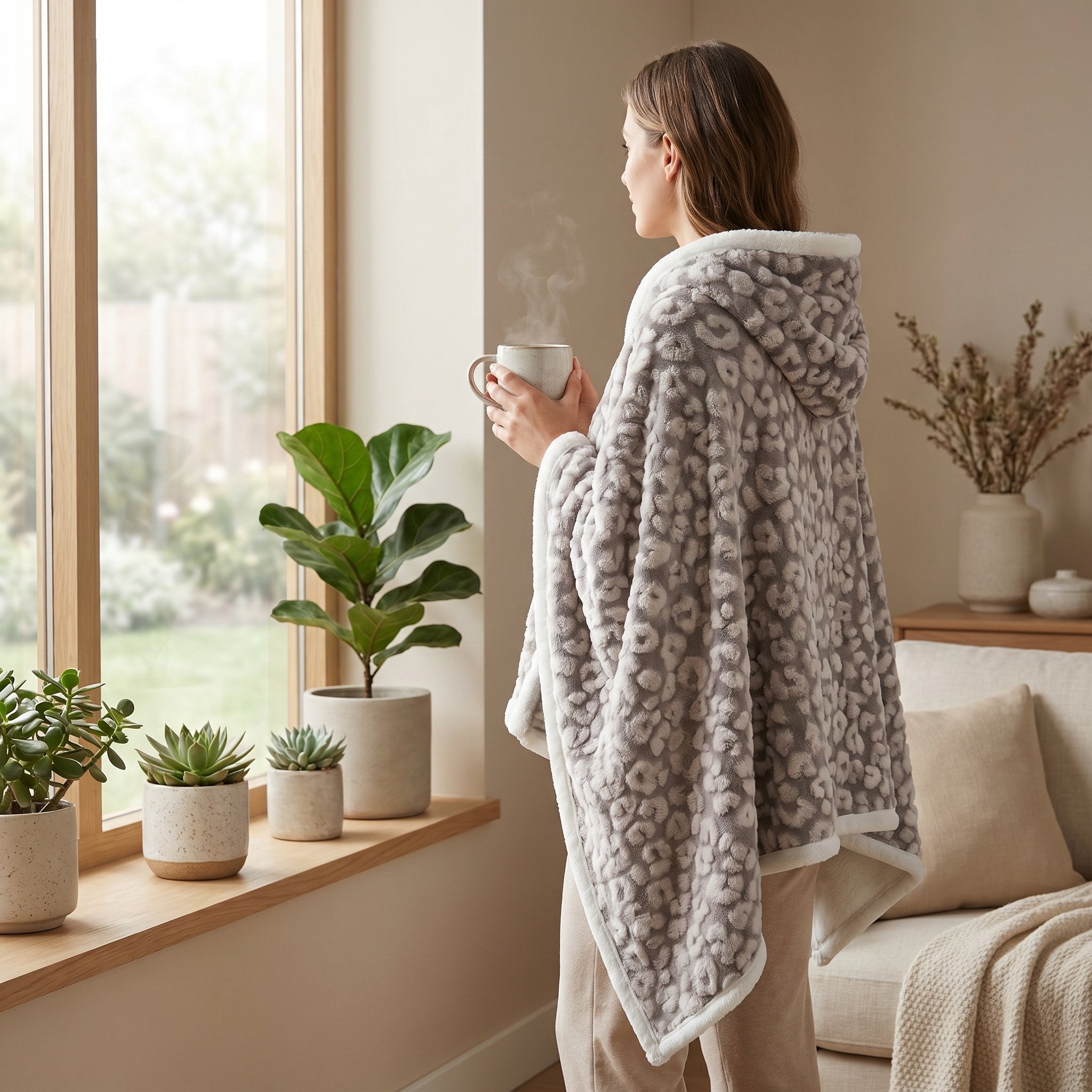 Poncho plaid motif léopard gris, porté par une femme debout près d'une fenêtre, la capuche relevée.