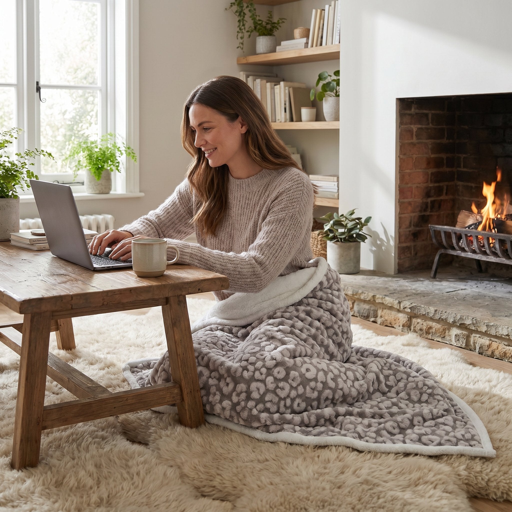Poncho plaid motif léopard gris, drapé sur les jambes d'une femme assise au sol, utilisant un ordinateur.