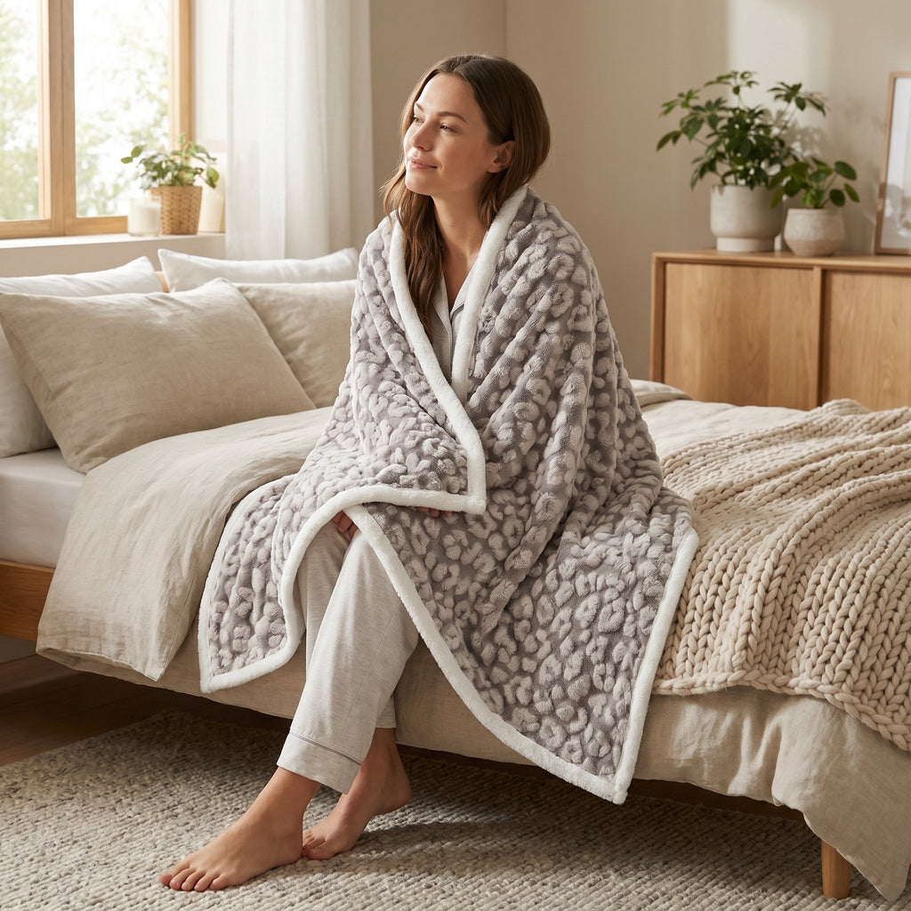 Poncho plaid motif léopard gris, enveloppant une femme assise sur un lit, dans un cadre de chambre.