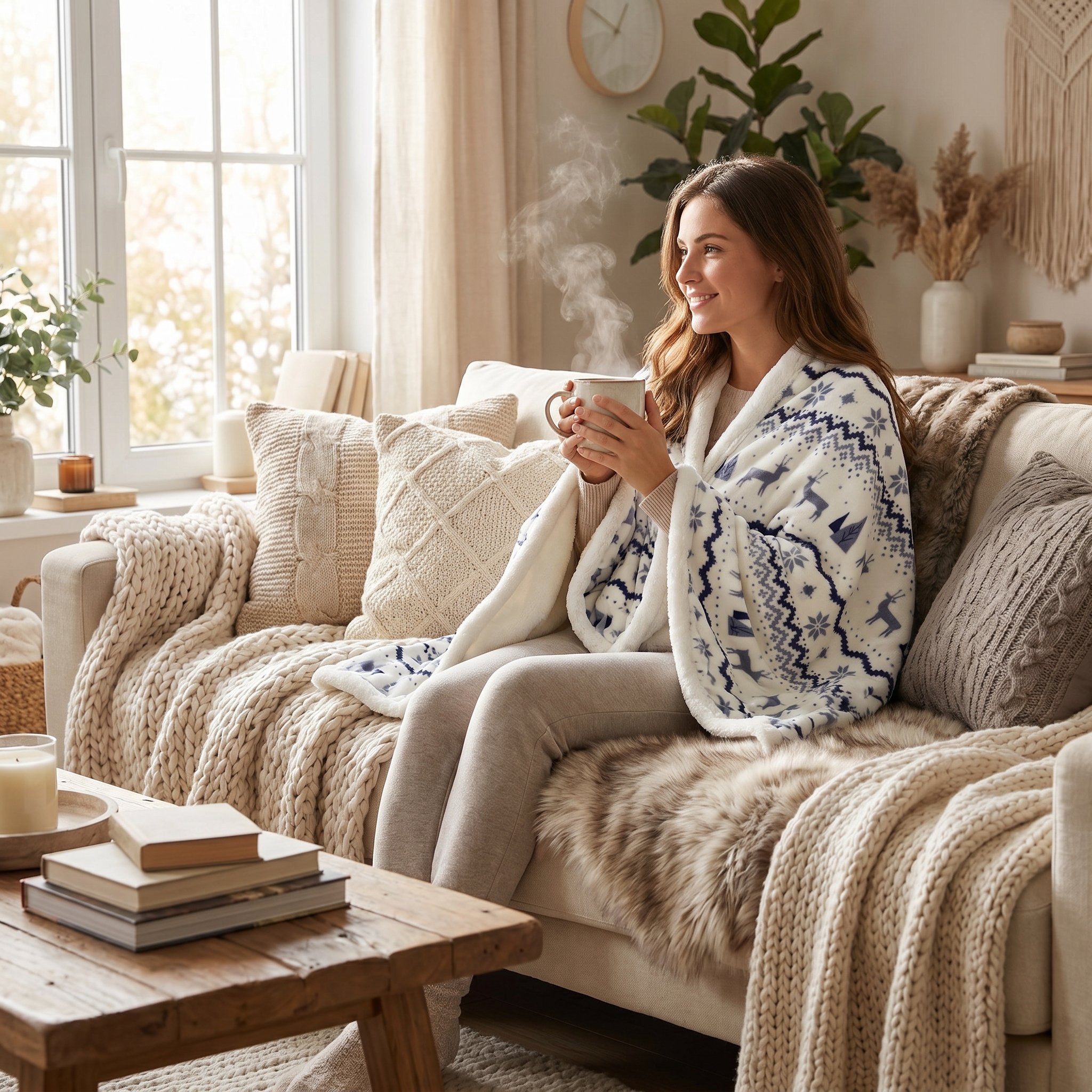 Poncho plaid motif nordique enveloppant une femme souriante buvant une boisson chaude sur un canapé confortable.