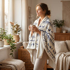 Poncho plaid motif nordique porté par une femme debout près d'une fenêtre, tenant une tasse fumante et regardant dehors.