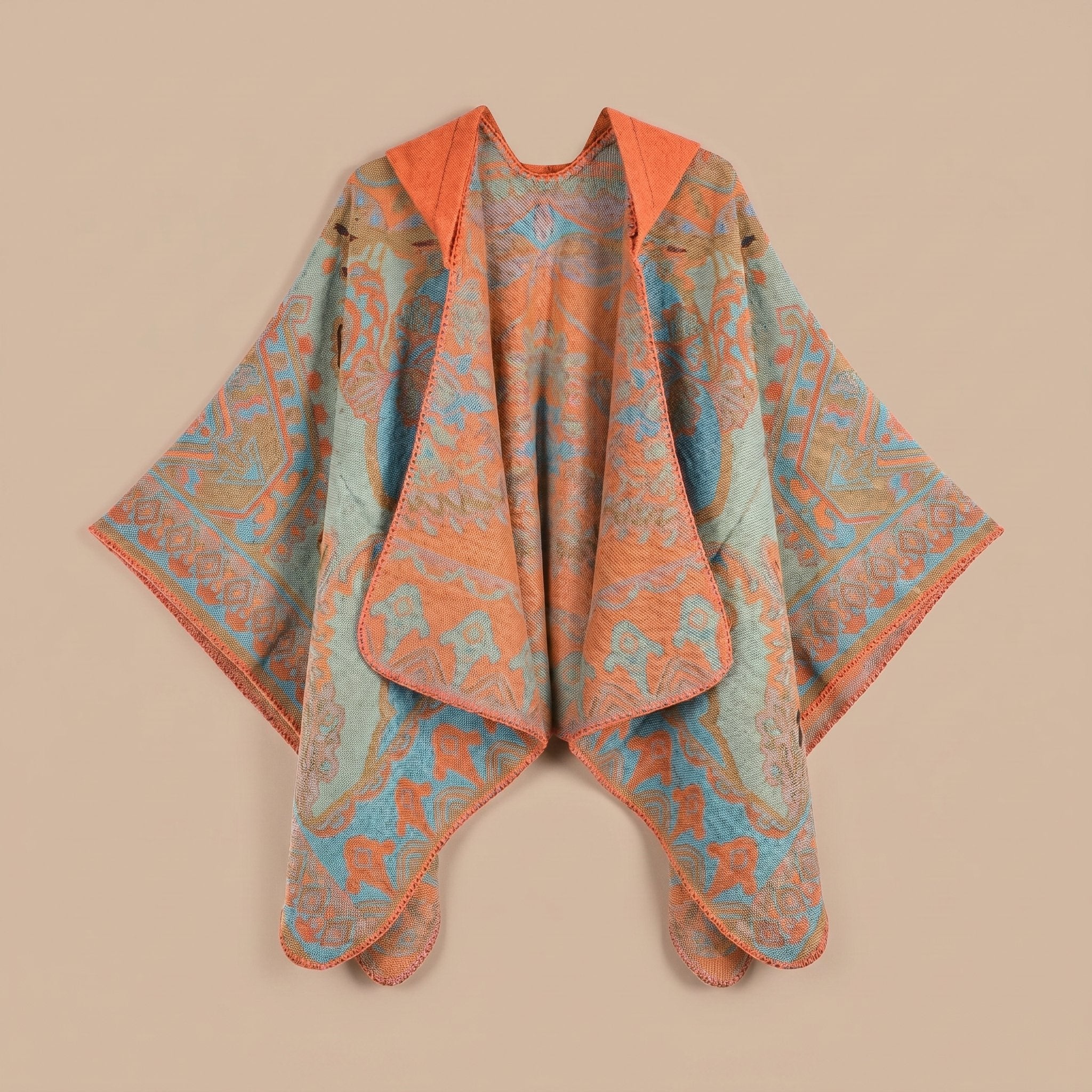 Poncho plaid à capuche motif paisley orange et turquoise, posé à plat, vue de face.