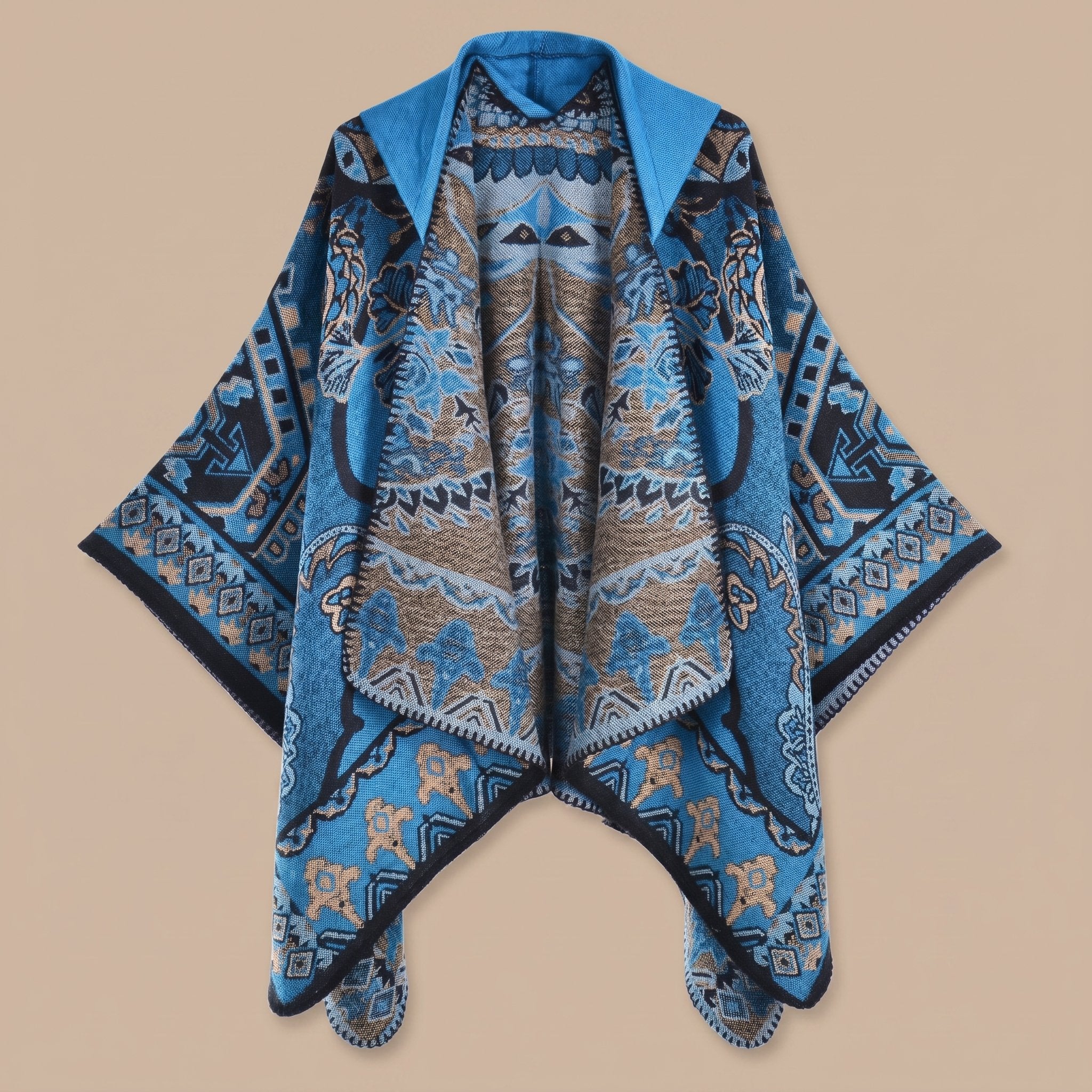 Poncho plaid à capuche motif paisley bleu et marron, présenté déplié sur un fond uni.