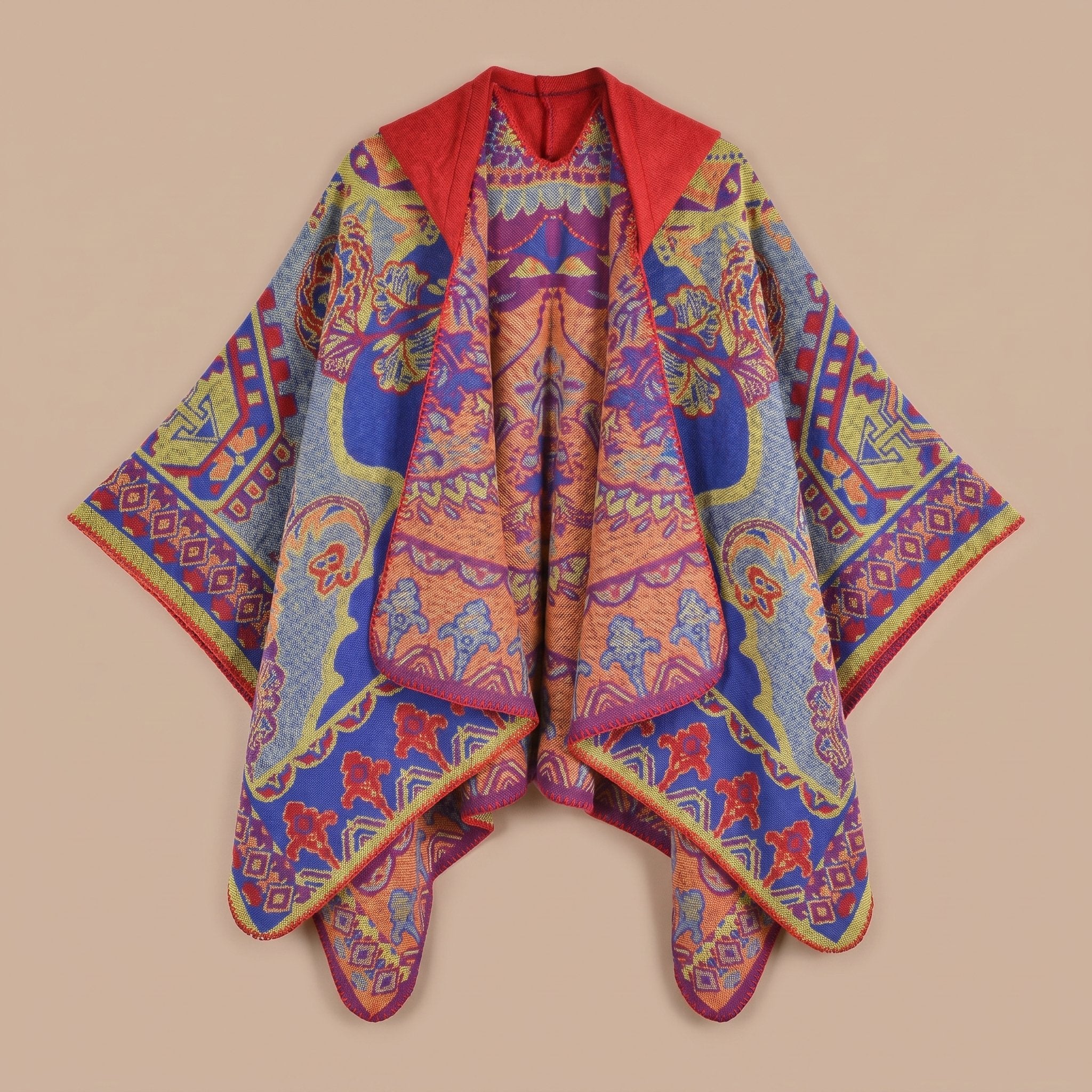 Poncho plaid à capuche motif paisley multicolore, avec des teintes vives, vu de dessus.