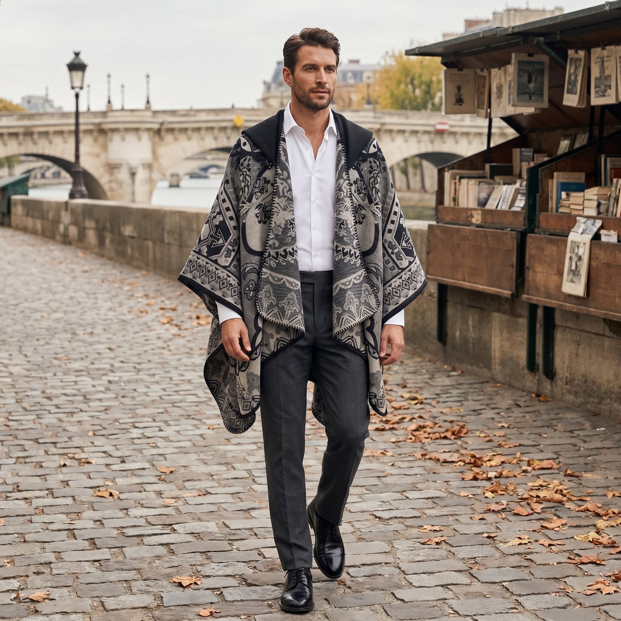 Poncho plaid à capuche motif paisley noir et gris, porté par un homme marchant sur une rue pavée.