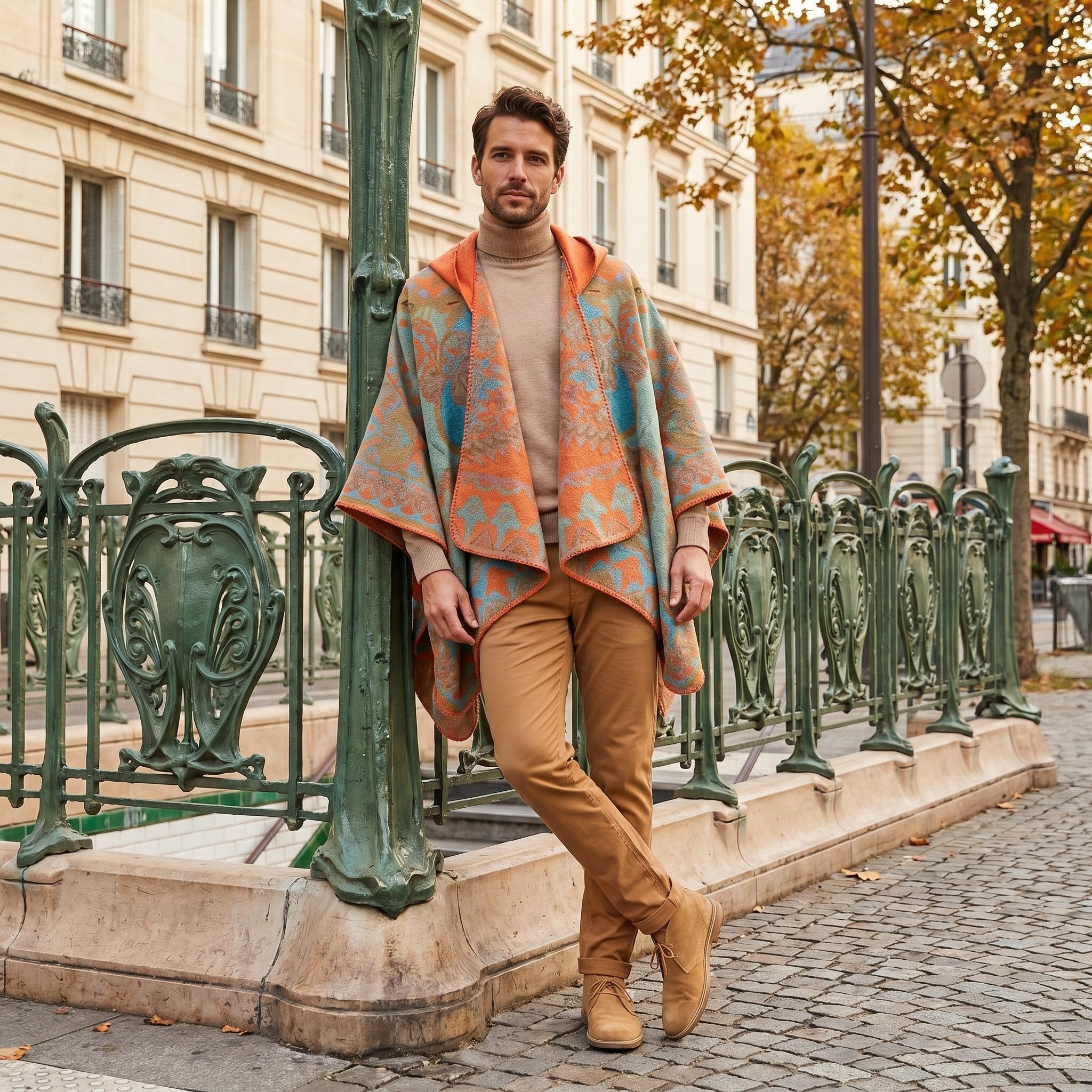 Poncho plaid à capuche motif paisley orange et turquoise, porté par un homme posant près d'une grille ornementale.