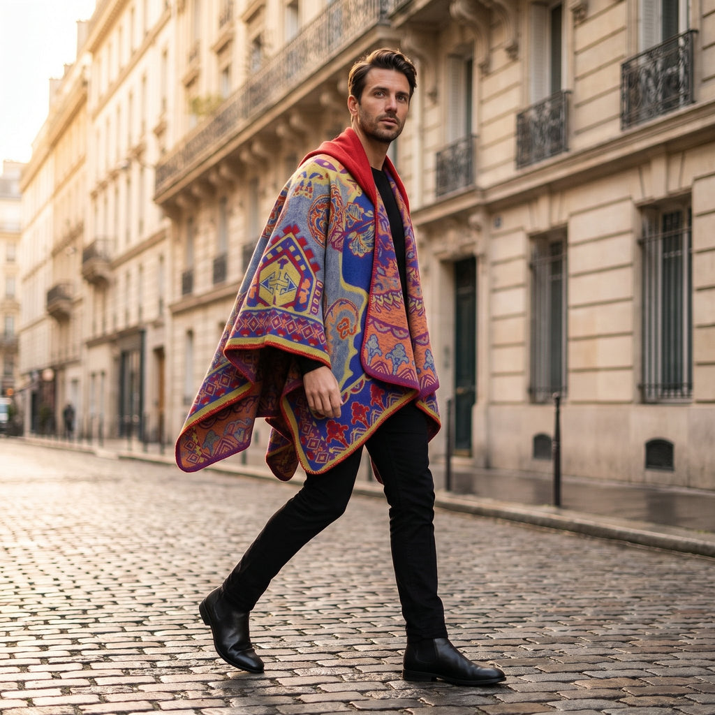 Poncho plaid à capuche motif paisley multicolore, porté par un homme en mouvement dans une rue de ville.