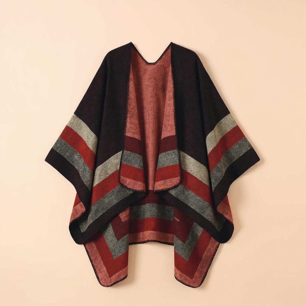 Poncho plaid à rayures rouges, noires et grises, posé à plat et vu de face sur fond uni.