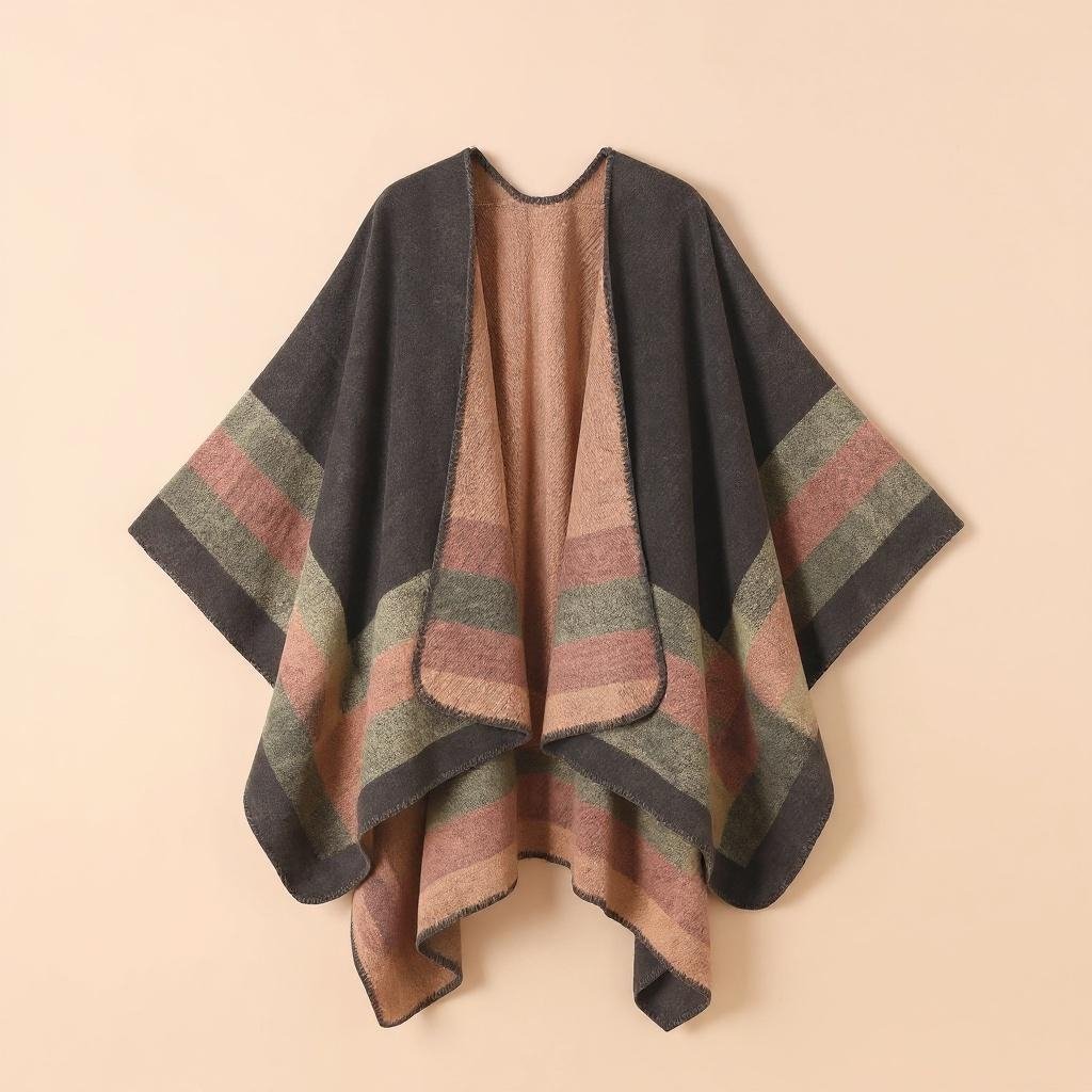 Poncho plaid à rayures vertes, roses et grises, présenté à plat sur un fond clair et doux.