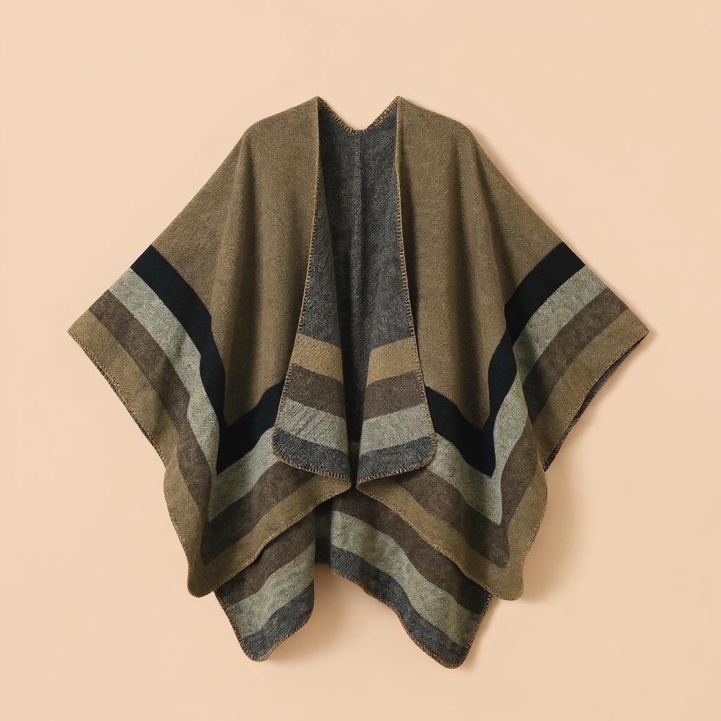 Poncho plaid à rayures marron, noires et grises, déplié sur une surface unie et lumineuse.