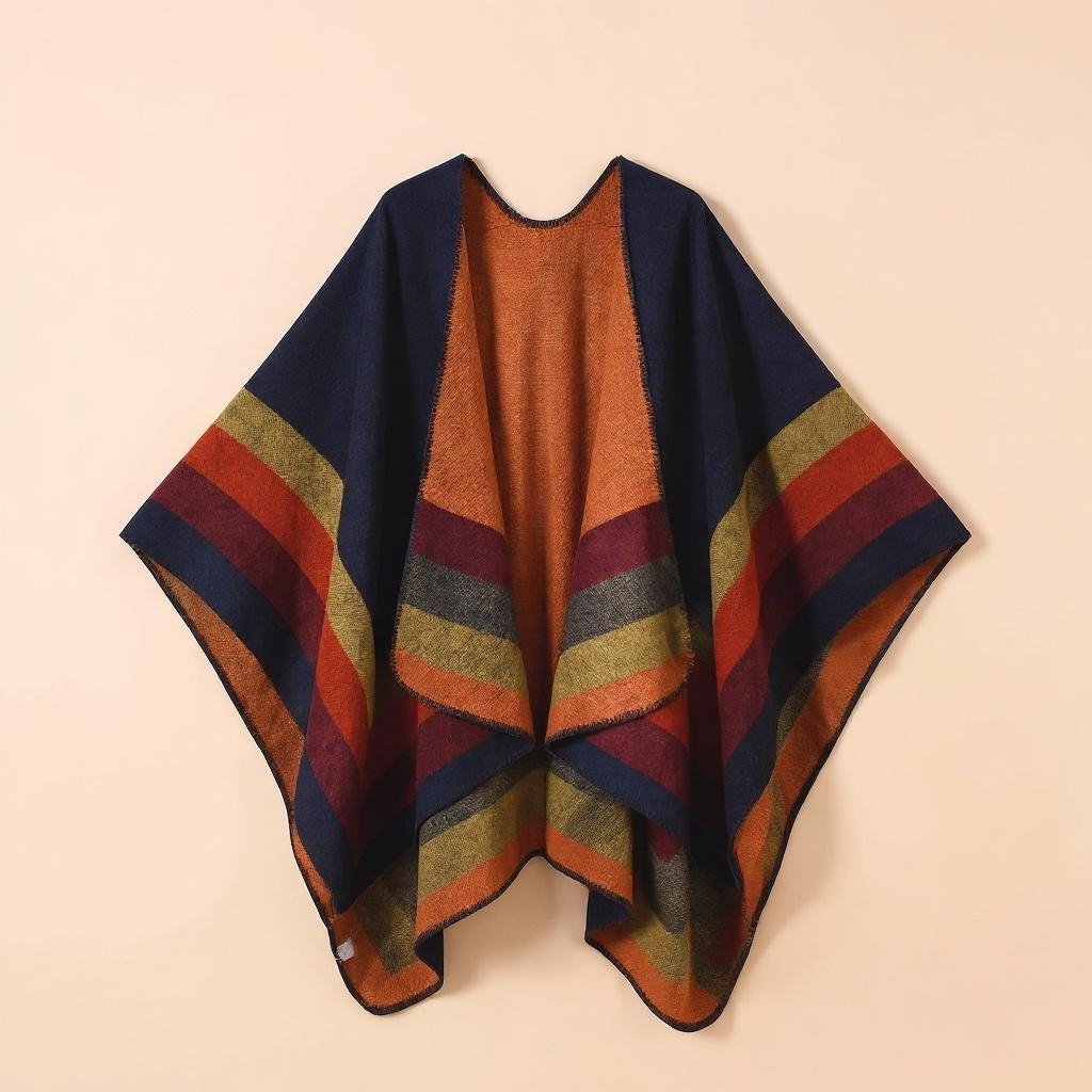 Poncho plaid à rayures bleues, oranges et rouges, étalé sur un fond beige clair et discret.