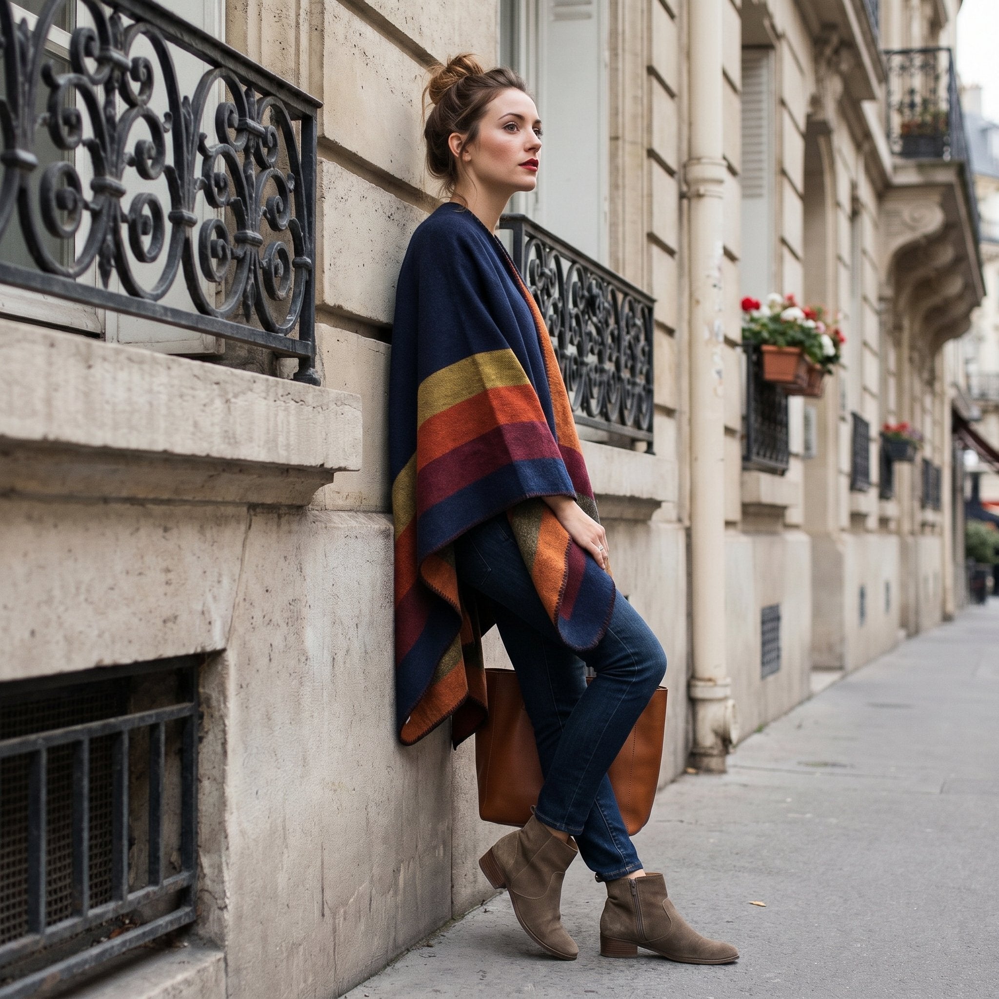 Poncho plaid à rayures bleues, oranges et rouges, porté par une femme de profil en extérieur.