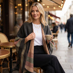 Poncho plaid à rayures vertes, roses et grises, porté par une femme assise à une terrasse.