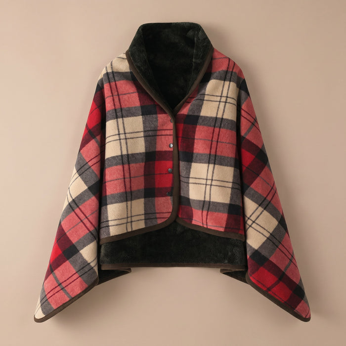 Poncho plaid tartan rouge et beige, présenté à plat sur un fond uni, montrant son col.