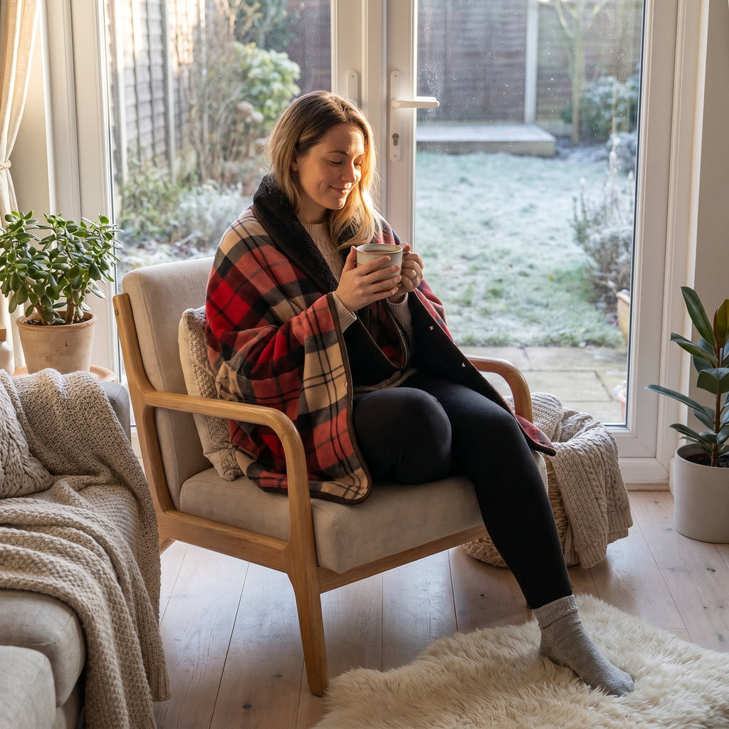 Poncho plaid tartan rouge porté par une femme souriante assise dans un fauteuil, tenant une tasse.