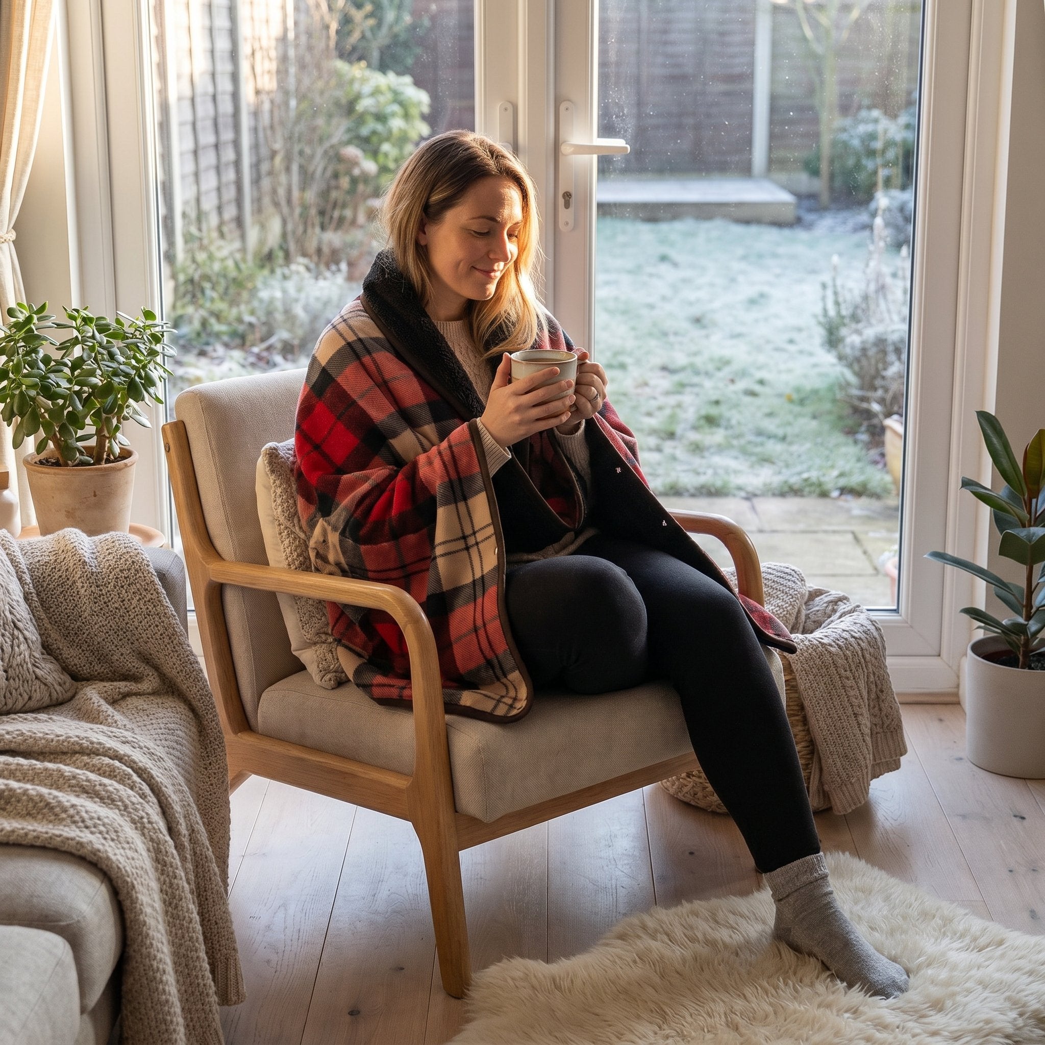 Poncho plaid tartan rouge porté par une femme souriante assise dans un fauteuil, tenant une tasse.