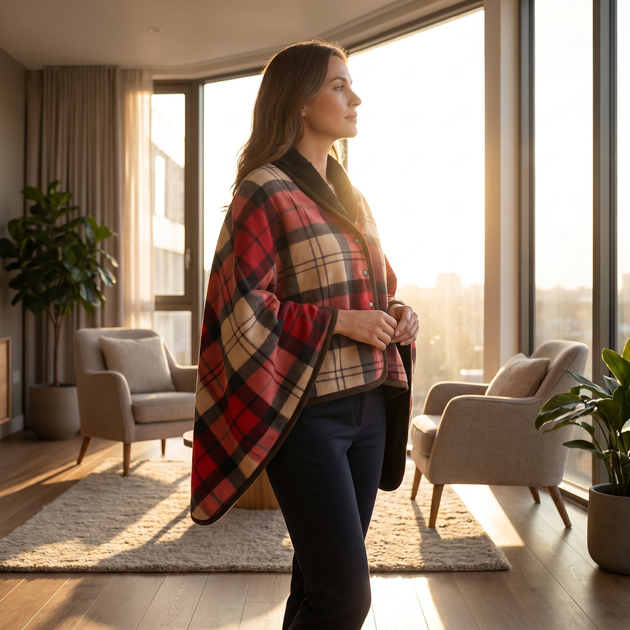 Poncho plaid tartan rouge porté par une femme debout de profil, regardant par une grande fenêtre.
