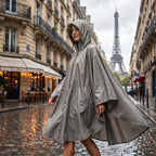 Poncho de pluie à capuche femme gris porté de face par une femme, la capuche relevée, sur une rue pavée mouillée