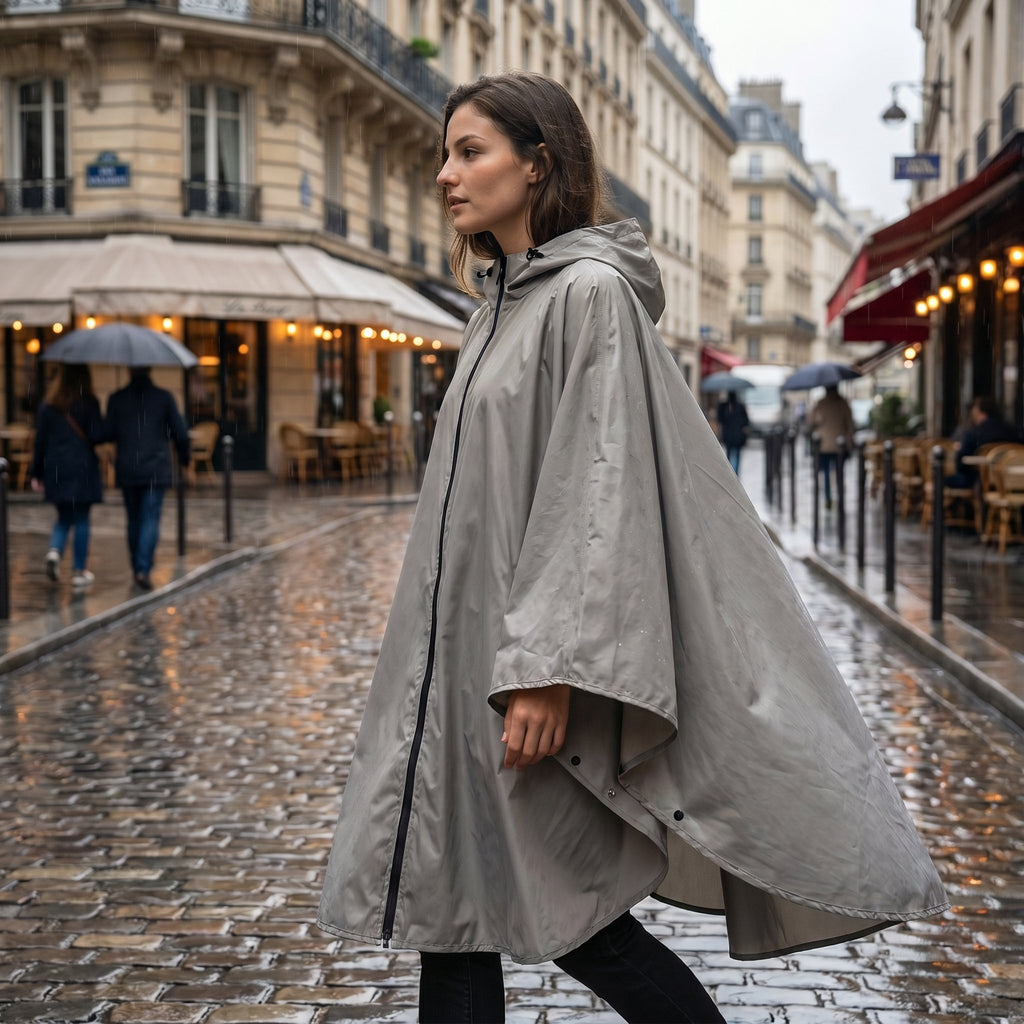 Poncho de pluie à capuche femme gris porté de profil par une femme marchant, la fermeture éclair noire visible sur le devant