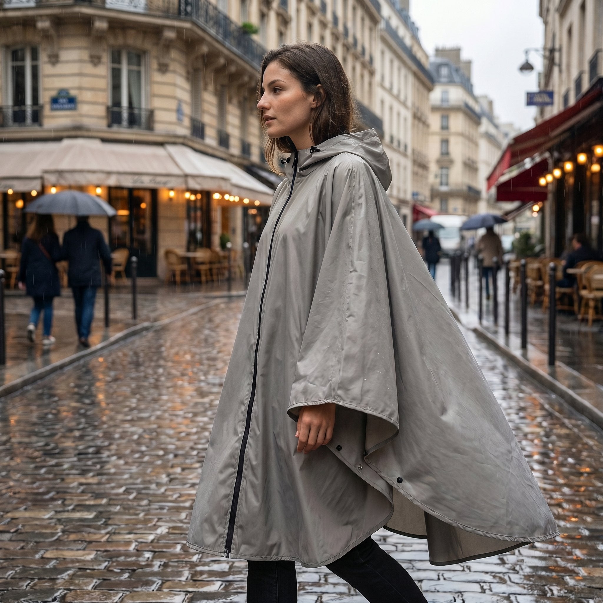 Poncho de pluie à capuche femme gris porté de profil par une femme marchant, la fermeture éclair noire visible sur le devant