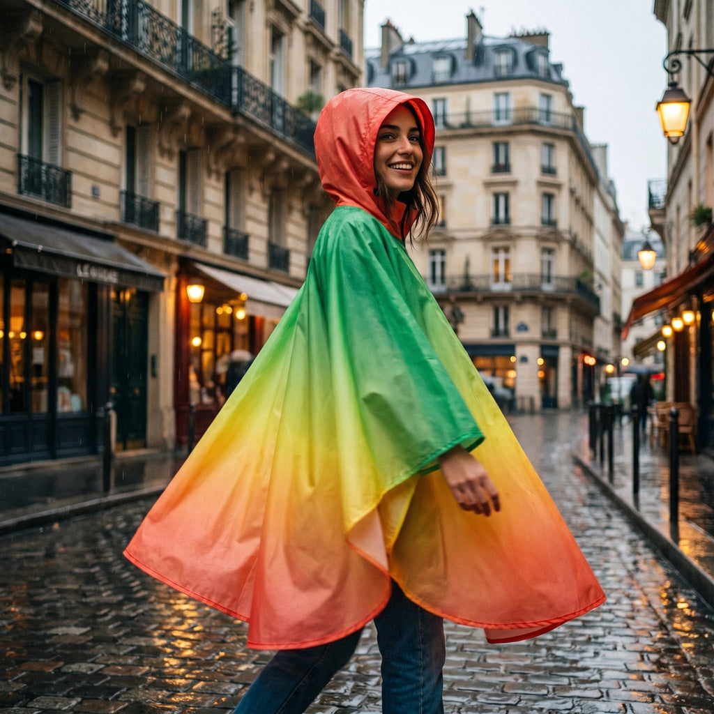 Poncho de pluie à capuche femme vert, jaune, orange et rouge, vue 2