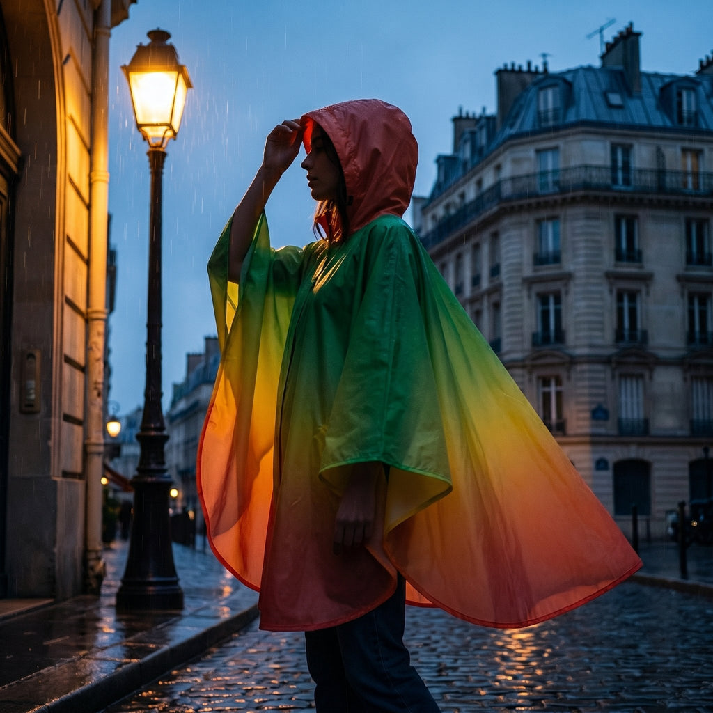 Poncho de pluie à capuche femme vert, jaune, orange et rouge, porté de profil par une femme sous la pluie, capuche relevée