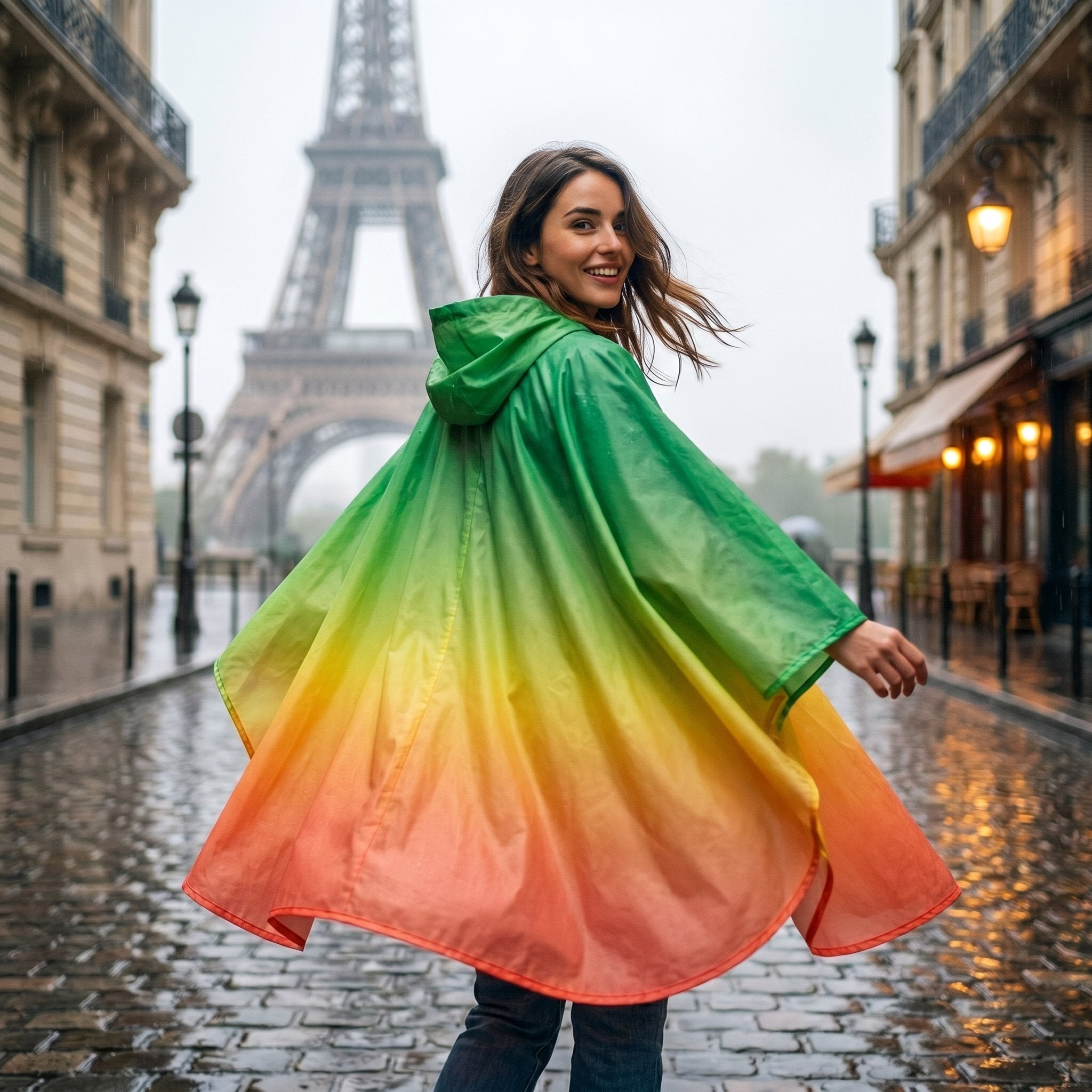 Poncho de pluie à capuche femme vert, jaune, orange et rouge