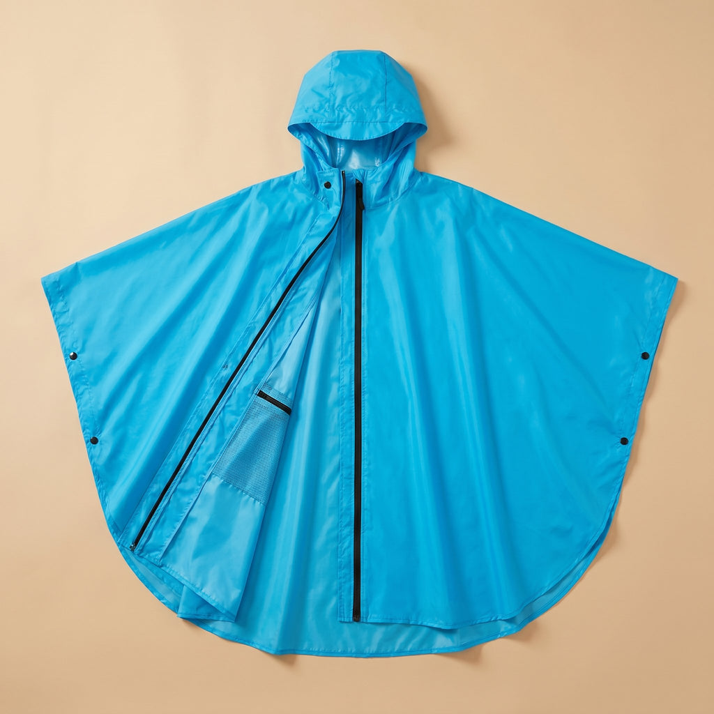 Poncho de pluie à capuche randonnée bleu, déplié à plat sur un fond uni