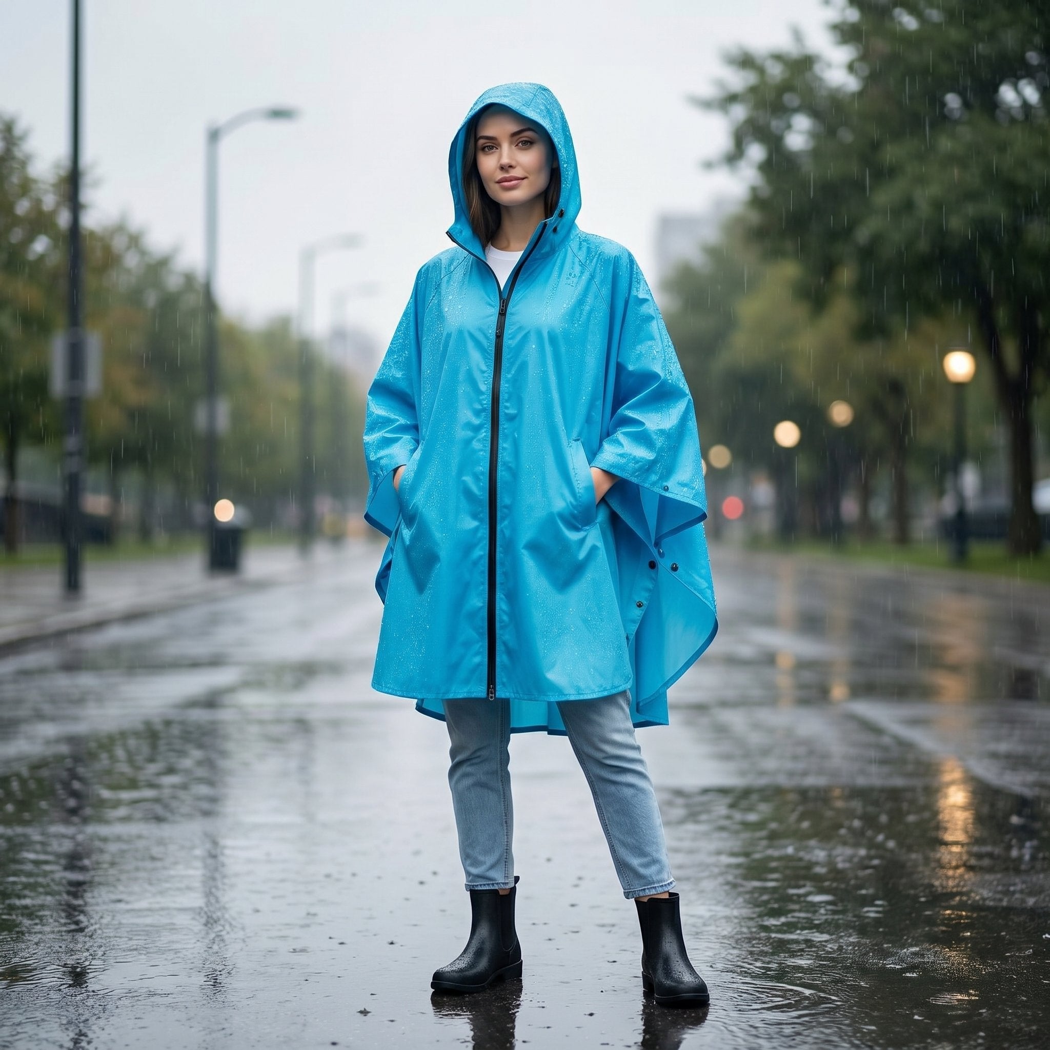 Poncho de pluie à capuche randonnée bleu, porté de face par une femme souriante sous la pluie, les mains dans les poches