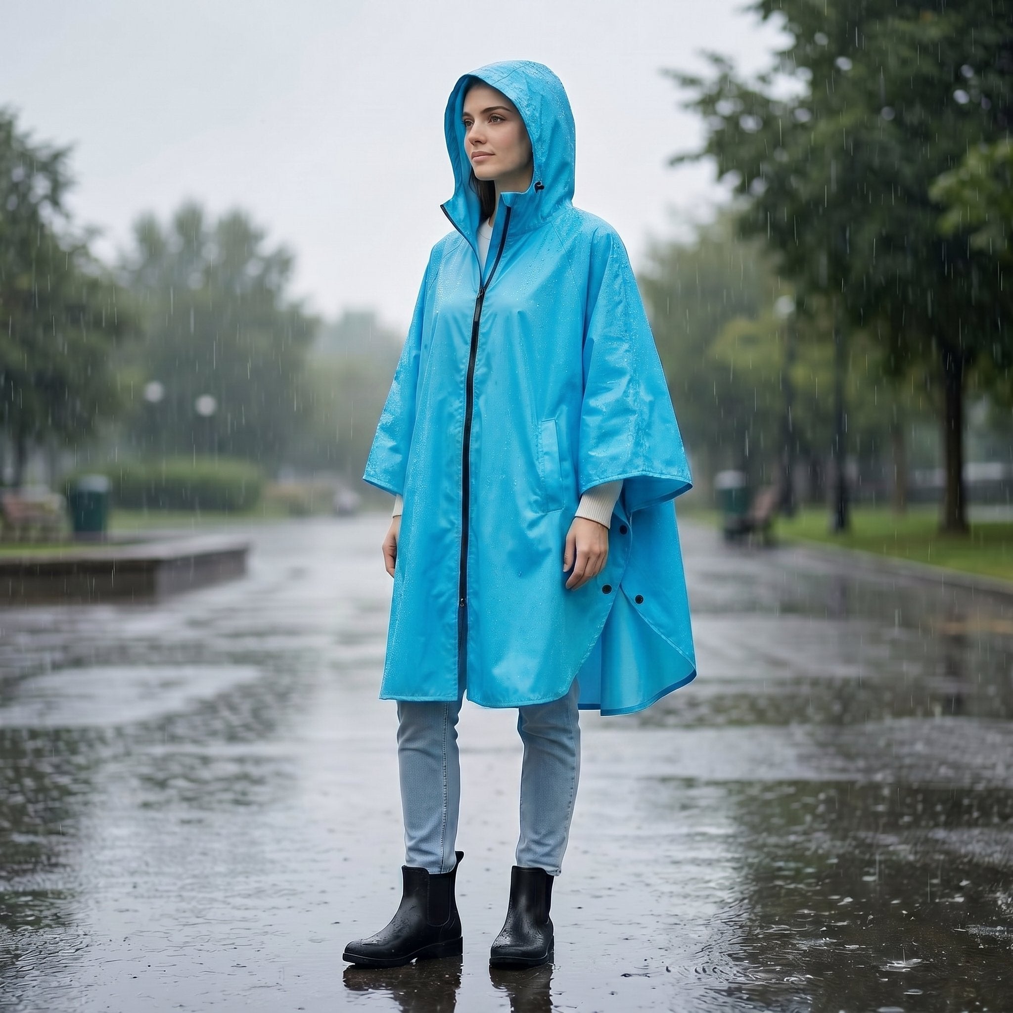 Poncho de pluie à capuche randonnée bleu, porté par une femme en extérieur sous la pluie, vue de trois quarts avant