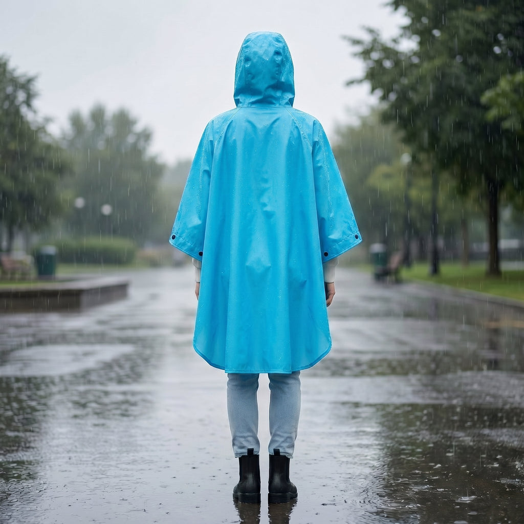 Poncho de pluie à capuche randonnée bleu, porté de dos par une personne sous la pluie, sur un chemin extérieur