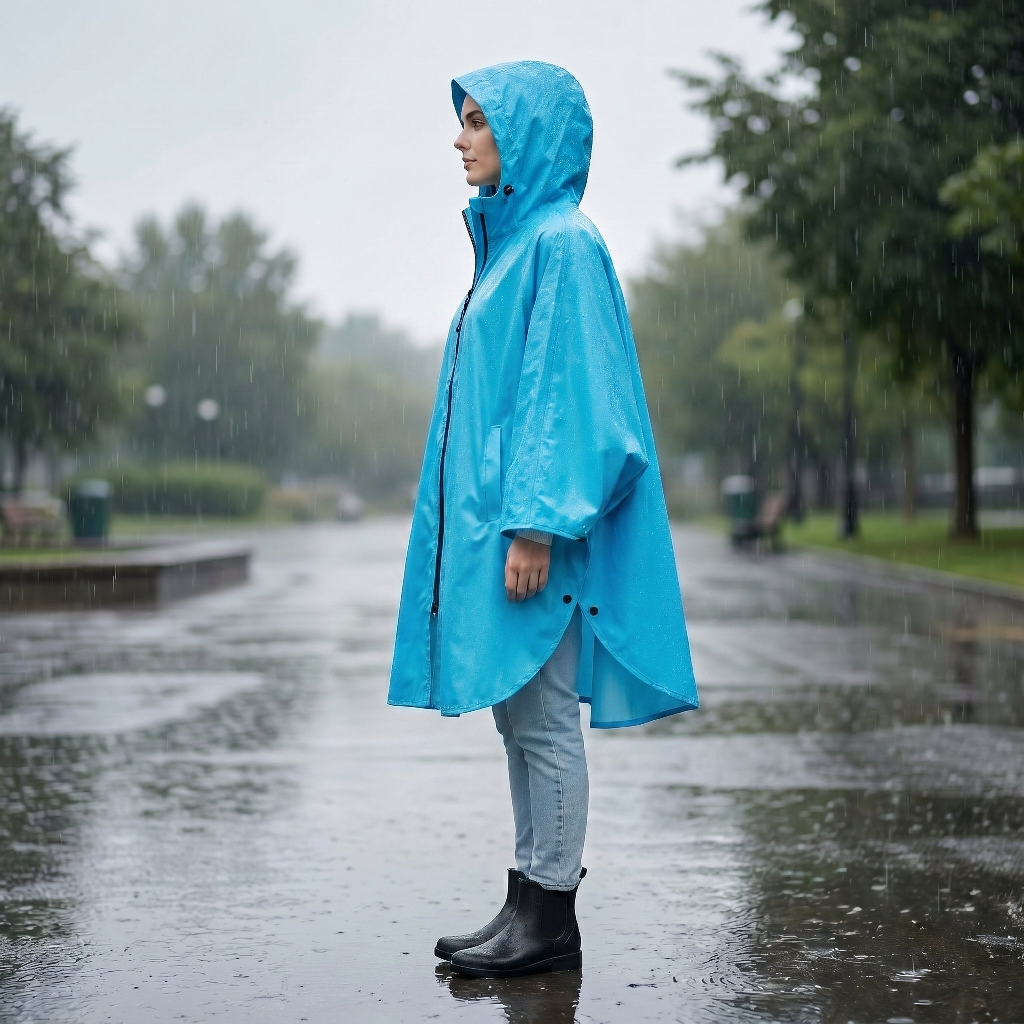 Poncho de pluie à capuche randonnée bleu, porté de profil par une personne sous la pluie, regardant vers la gauche