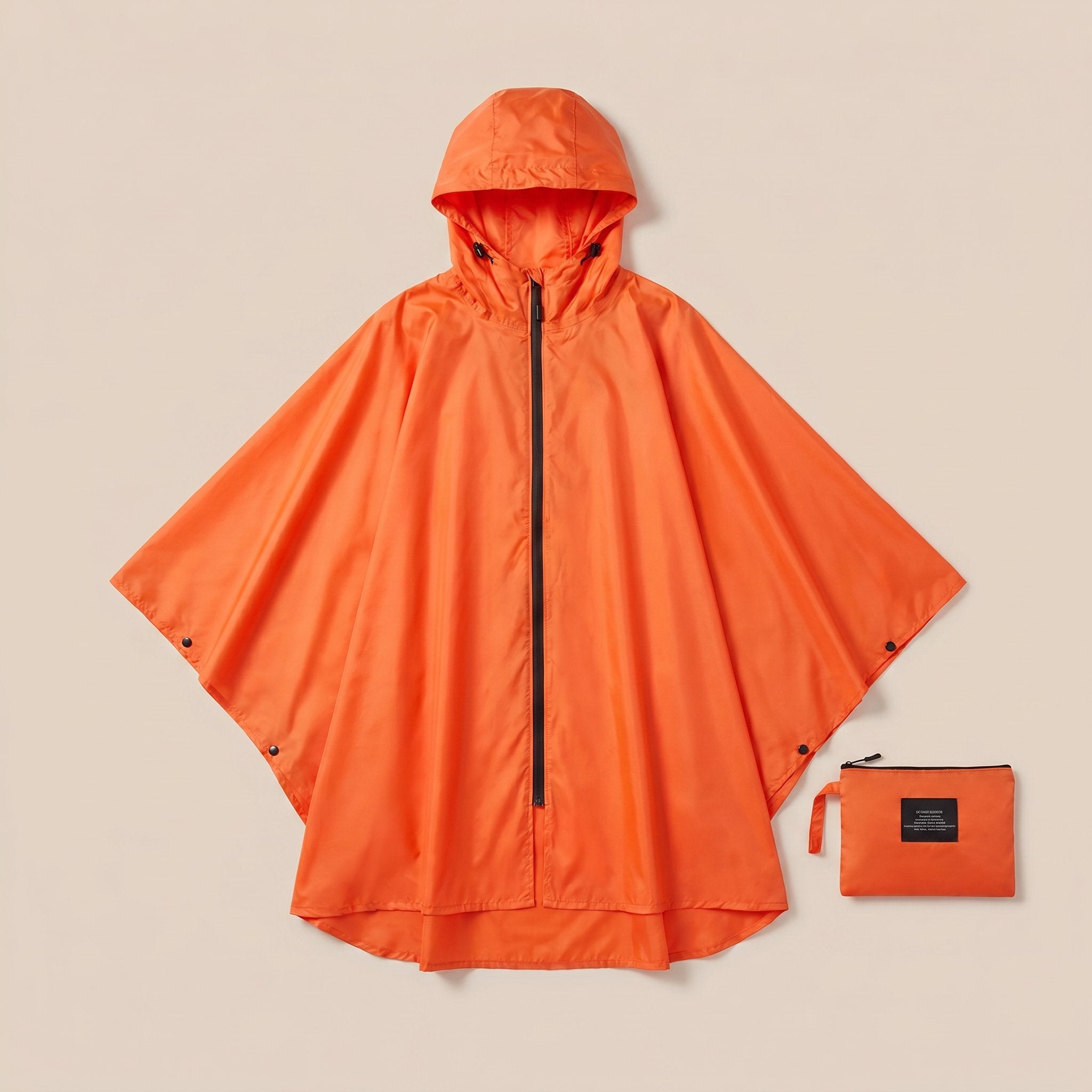 Poncho de pluie vélo à capuche orange déplié à plat, montrant sa forme complète et sa pochette de rangement assortie