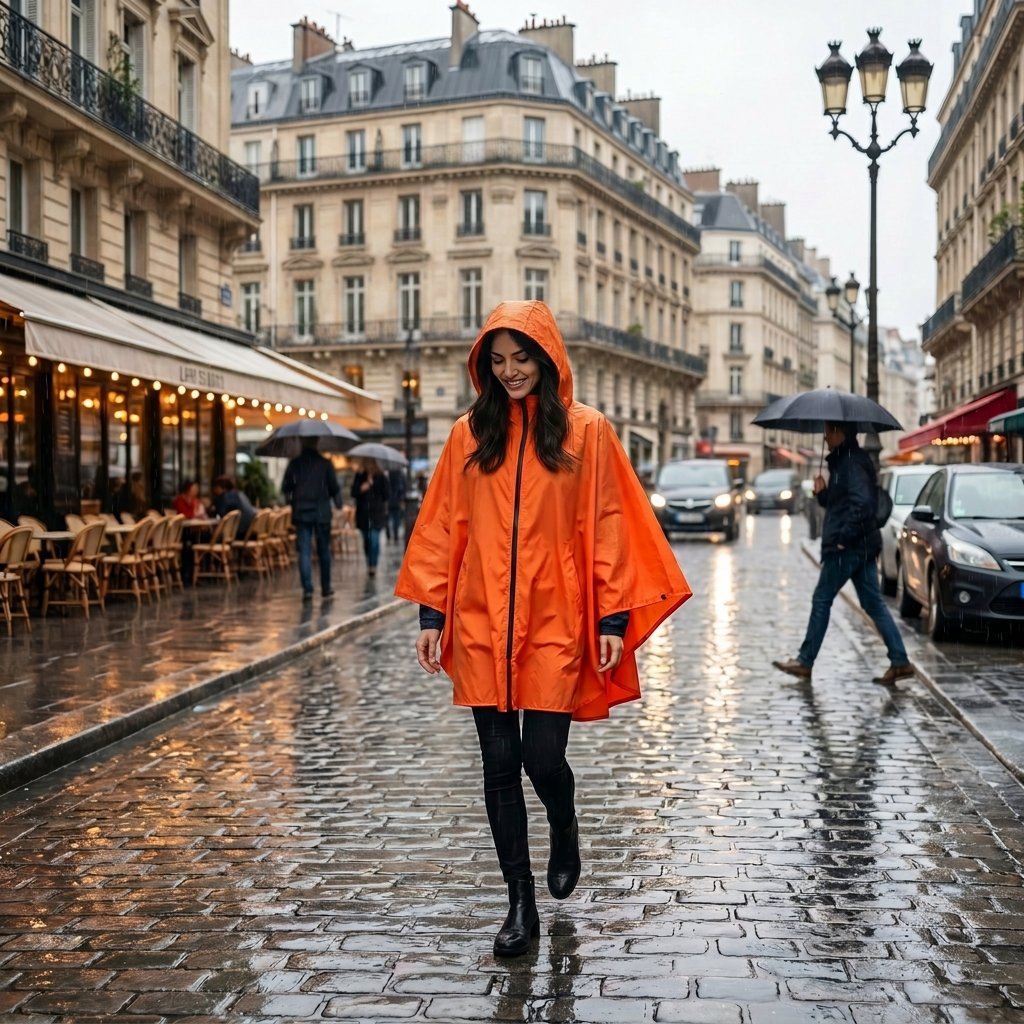 Poncho de pluie vélo à capuche orange porté de face par une femme marchant sur un trottoir mouillé en ville