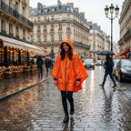 Poncho de pluie vélo à capuche orange porté de face par une femme marchant sur un trottoir mouillé en ville