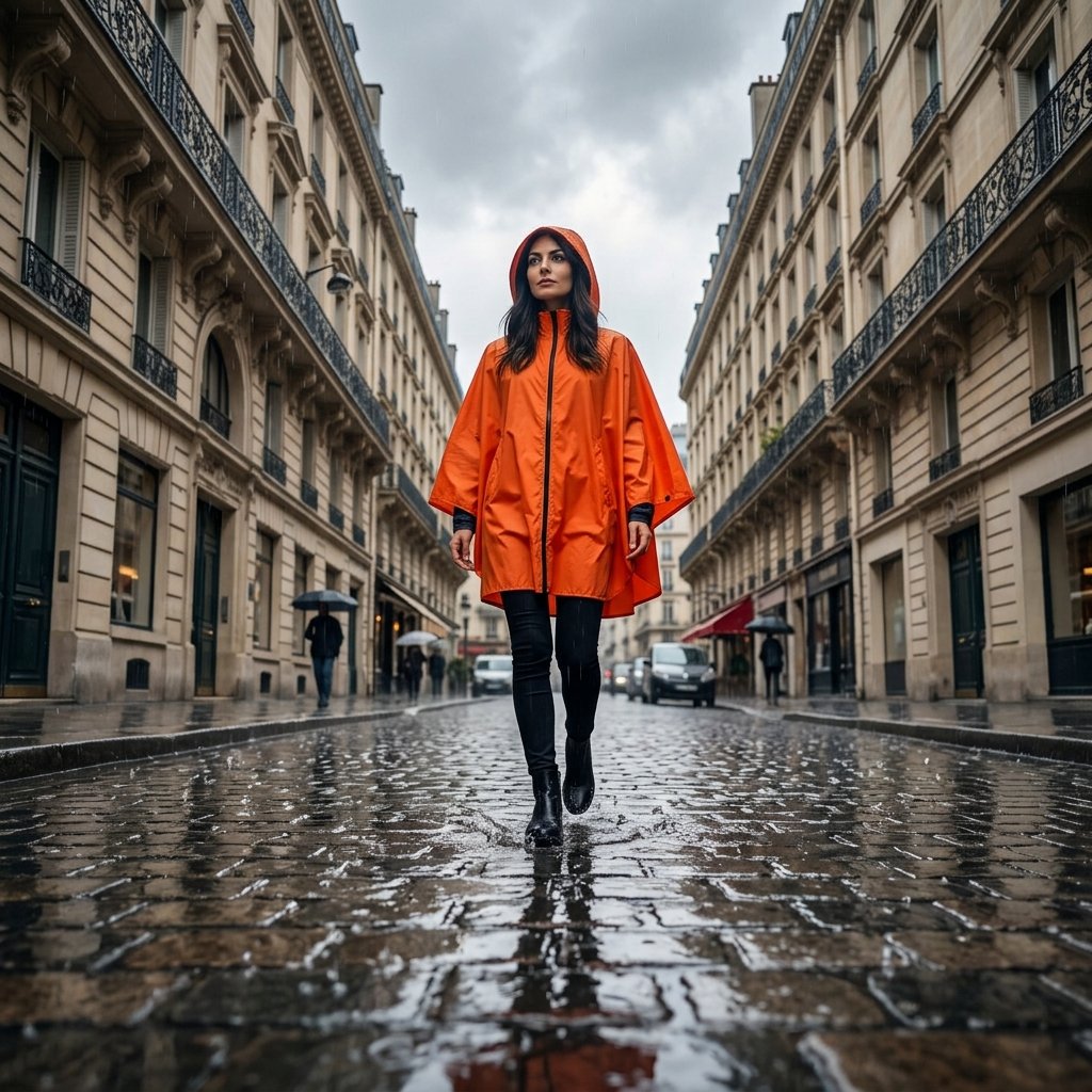 Poncho de pluie vélo à capuche orange porté par une femme marchant de face sur une rue étroite et mouillée