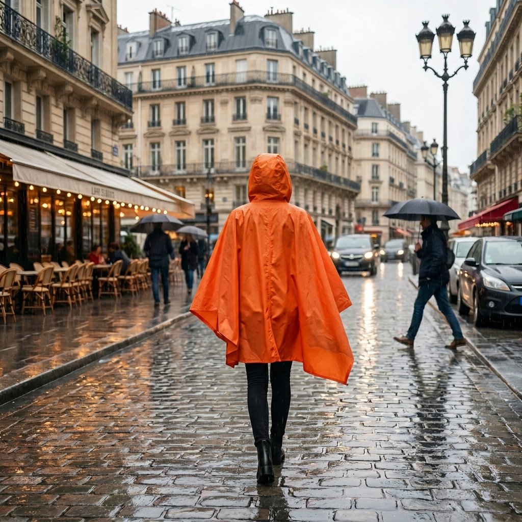 Poncho de pluie vélo à capuche orange porté de dos par une femme marchant sur une rue pavée sous la pluie