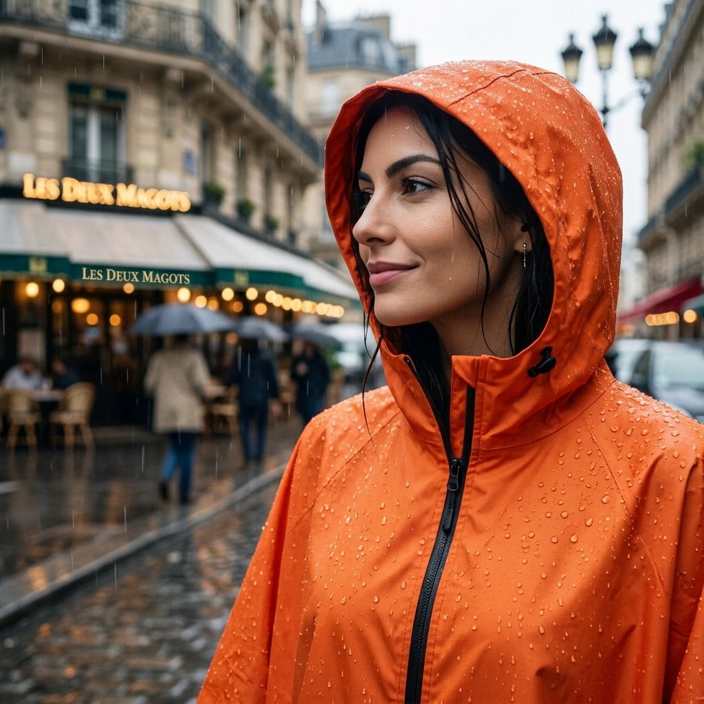 Poncho de pluie vélo à capuche orange porté de profil par une femme, avec des gouttes de pluie visibles sur le tissu