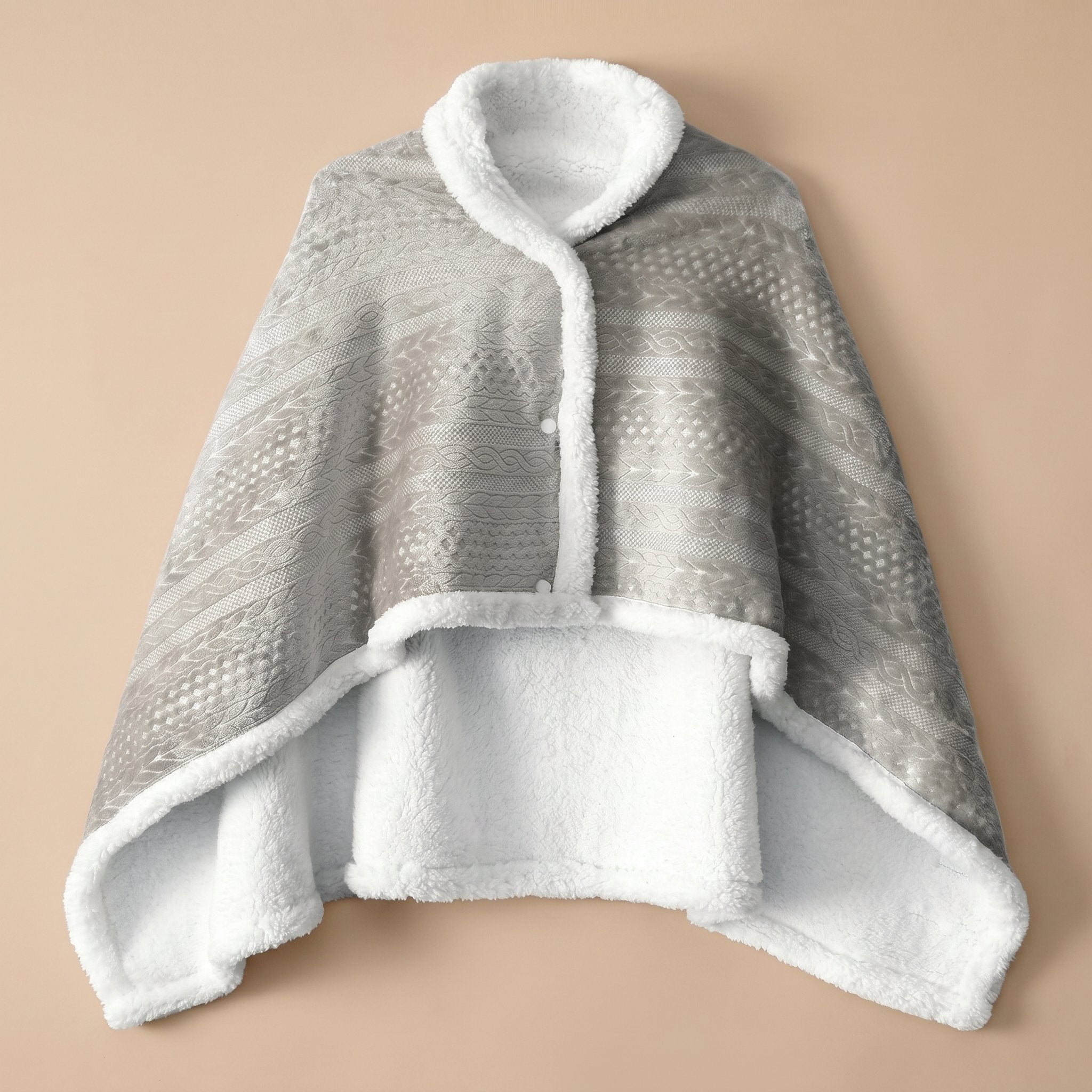 Poncho polaire bleu ciel, présenté à plat dans une version grise avec motif.