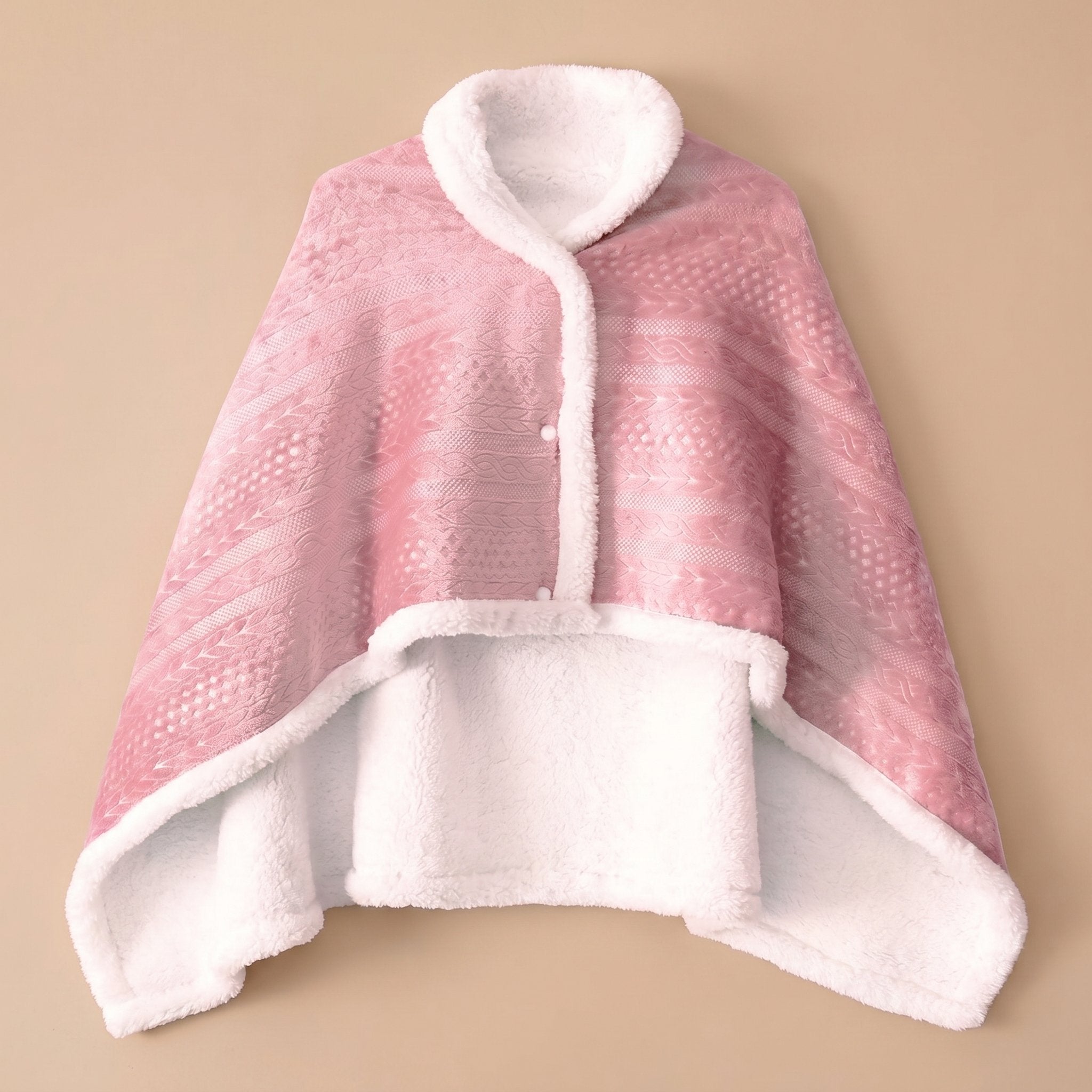 Poncho polaire bleu ciel, présenté à plat dans une version rose avec motif.