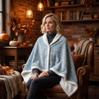 Poncho polaire bleu ciel porté par une femme assise dans un fauteuil en cuir.