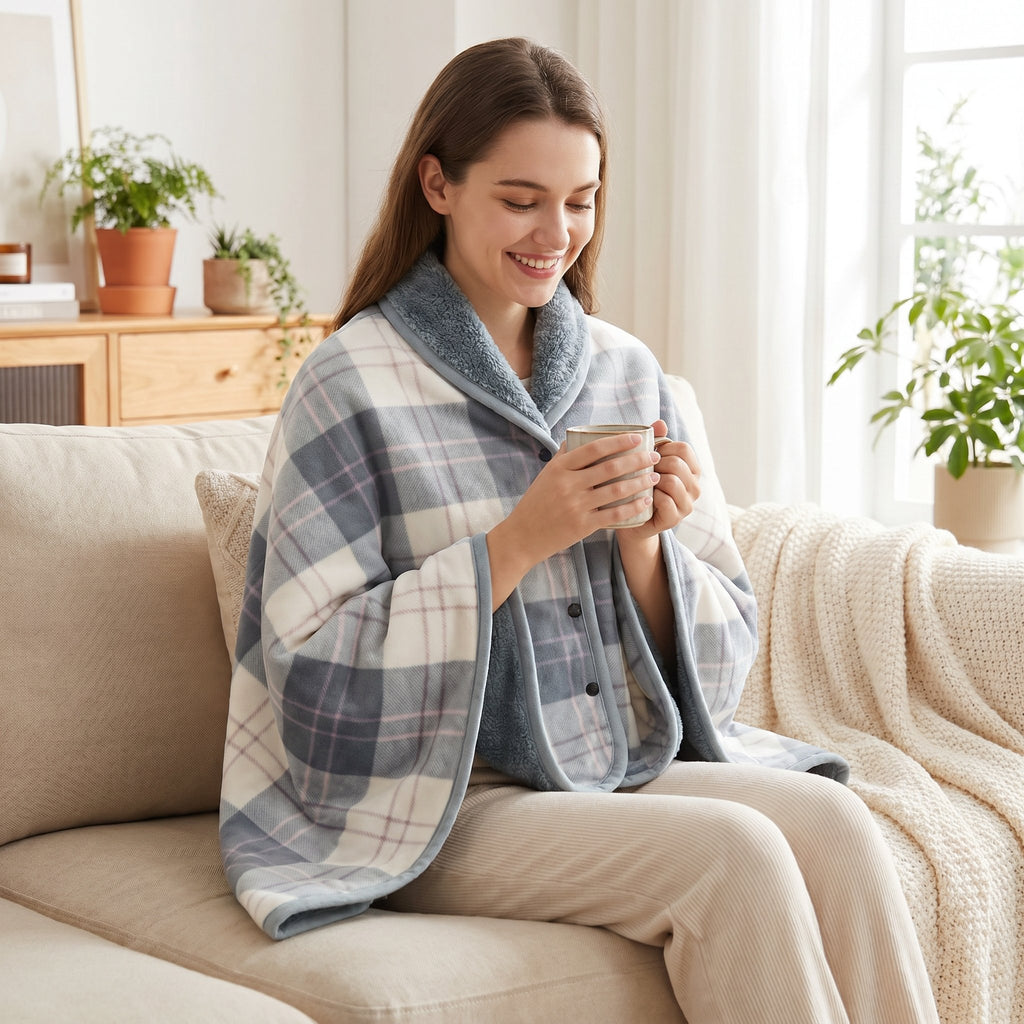 Poncho polaire à carreaux gris et blanc porté par une femme souriante assise sur un canapé, tenant une tasse.