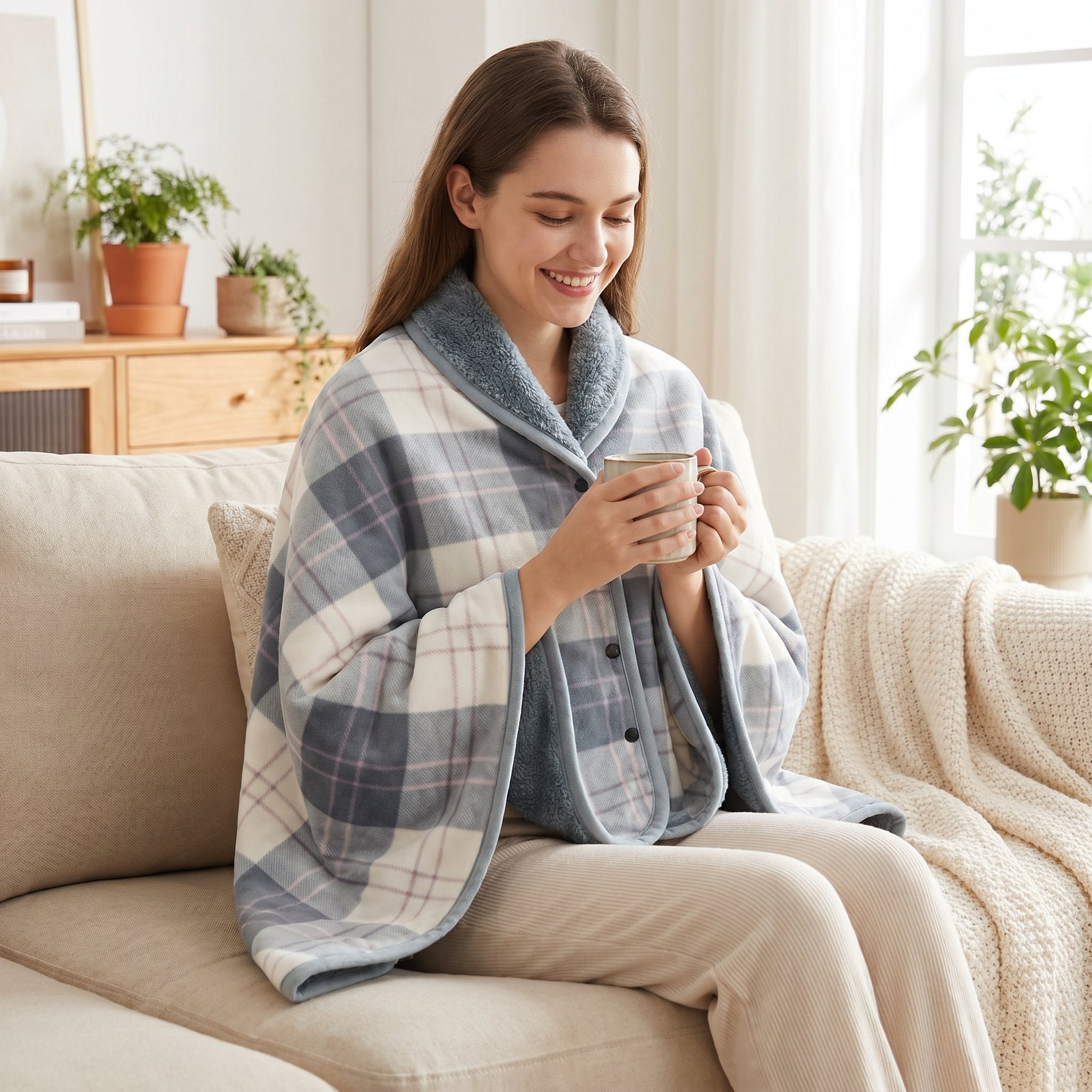 Poncho polaire à carreaux gris et blanc porté par une femme souriante assise sur un canapé, tenant une tasse.
