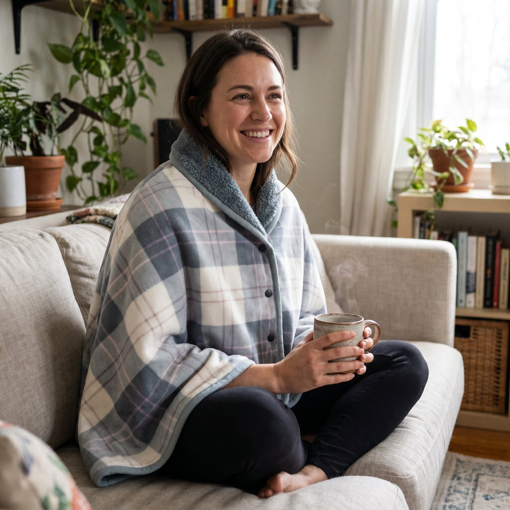 Poncho polaire à carreaux gris et blanc porté par une femme souriante et détendue assise sur un canapé.