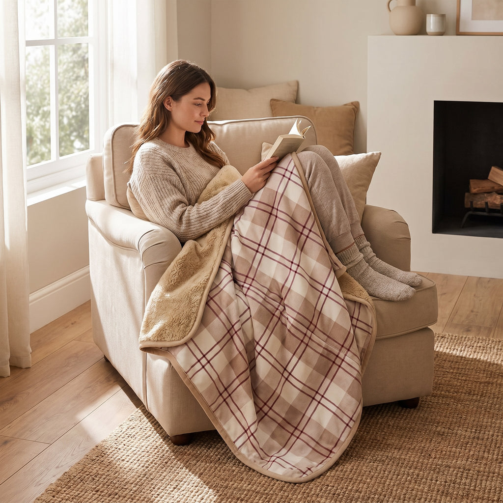Poncho polaire à carreaux rosés utilisé comme couverture par une femme lisant confortablement dans un fauteuil.