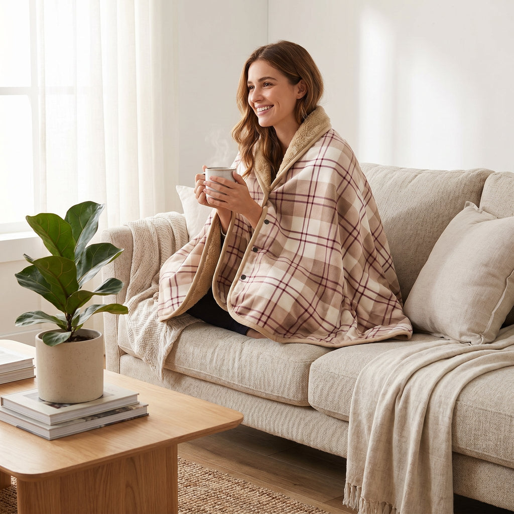 Poncho polaire à carreaux rosés porté par une femme souriante, assise sur un canapé, tenant une tasse fumante.