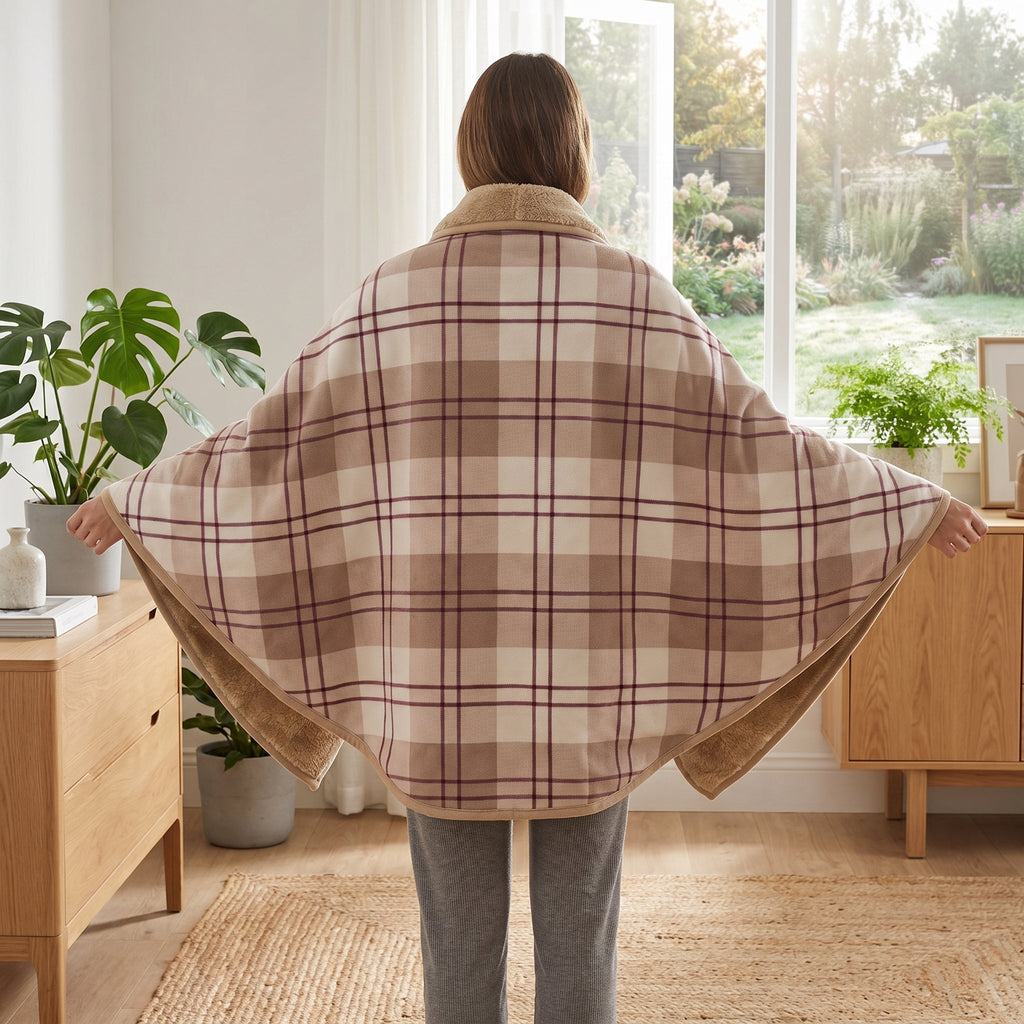 Poncho polaire à carreaux rosés vu de dos sur une femme debout, les bras légèrement écartés, face à une fenêtre.