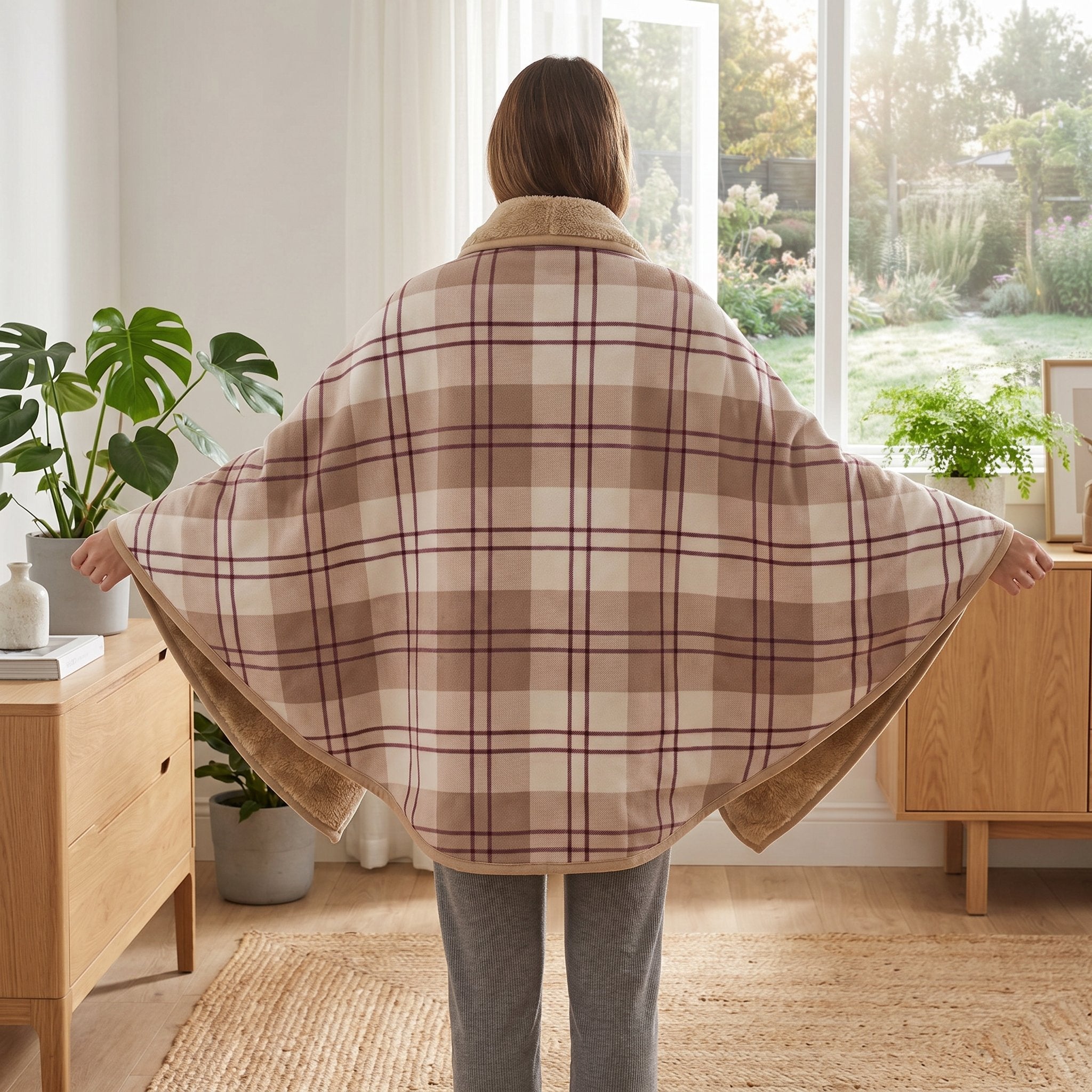Poncho polaire à carreaux rosés vu de dos sur une femme debout, les bras légèrement écartés, face à une fenêtre.