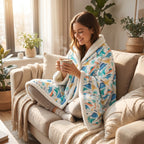 Poncho polaire à capuche motif dinosaures, porté par une femme souriante assise sur un canapé.